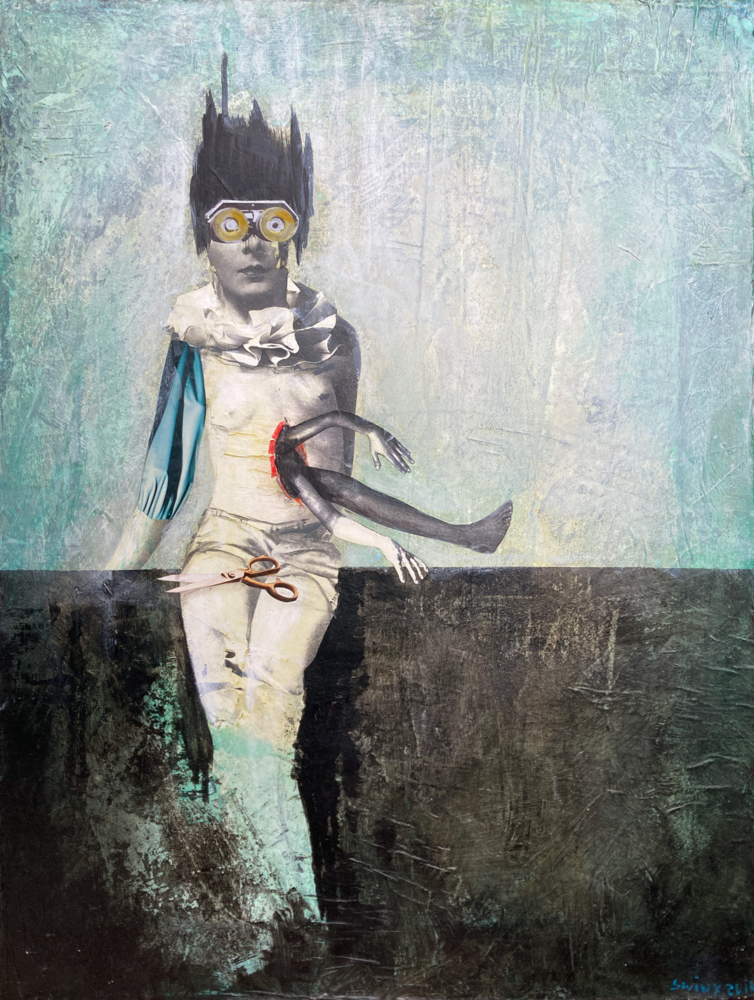 Stein, Schere, Papier, 60 x 80, Acrylfarbe, Collage auf bezogener Leinwand, 2400,–