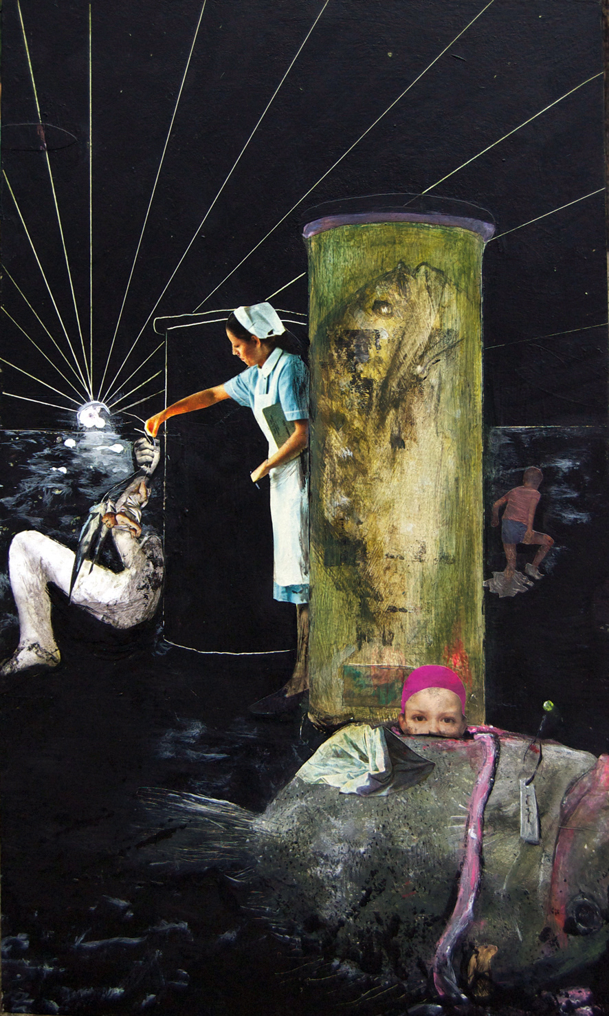 im Archiv, 30x50,  Acryl, Papier auf Holz,  950,–