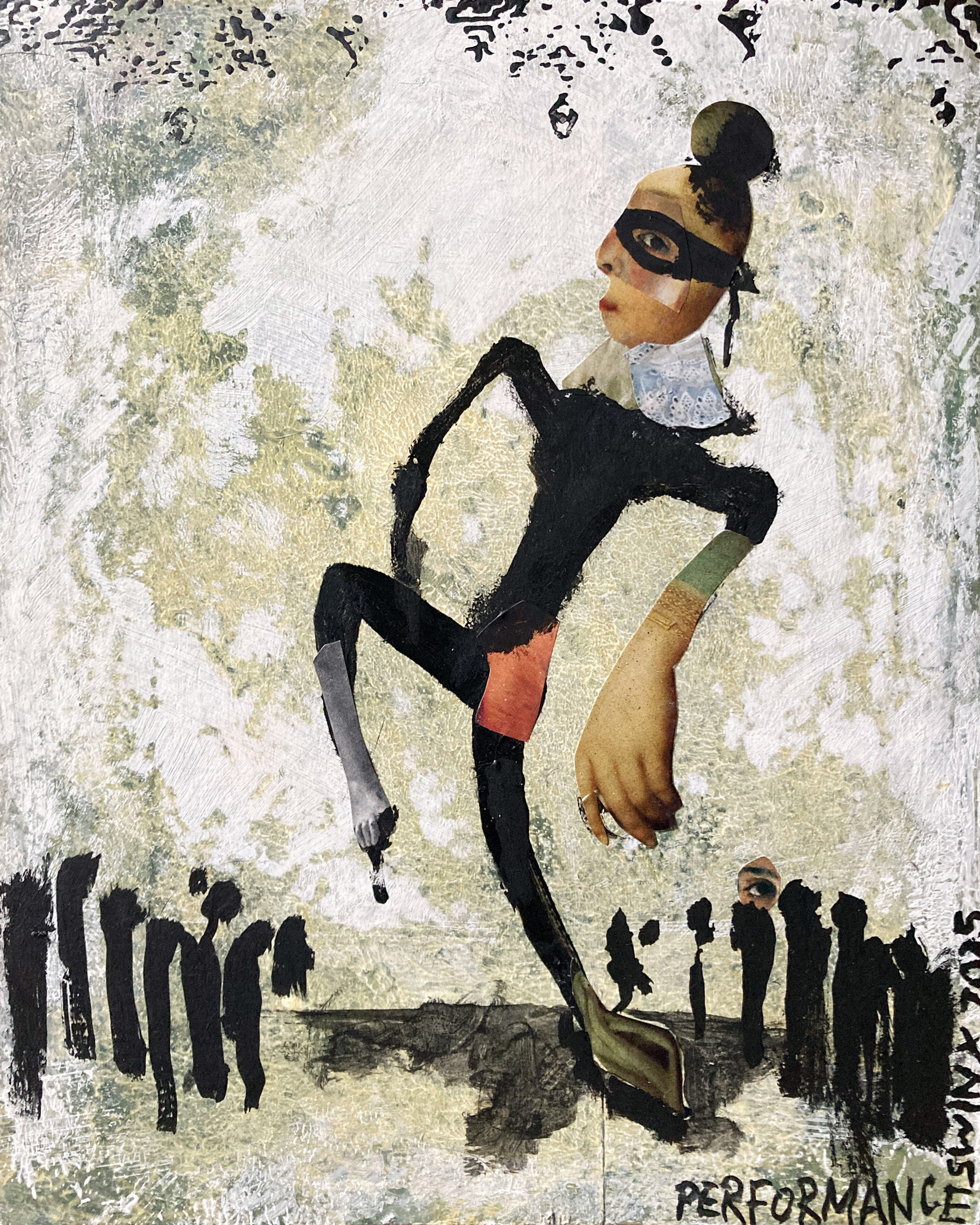Performance, Collage, Acrylfarbe auf Holz, 20 x 25cm