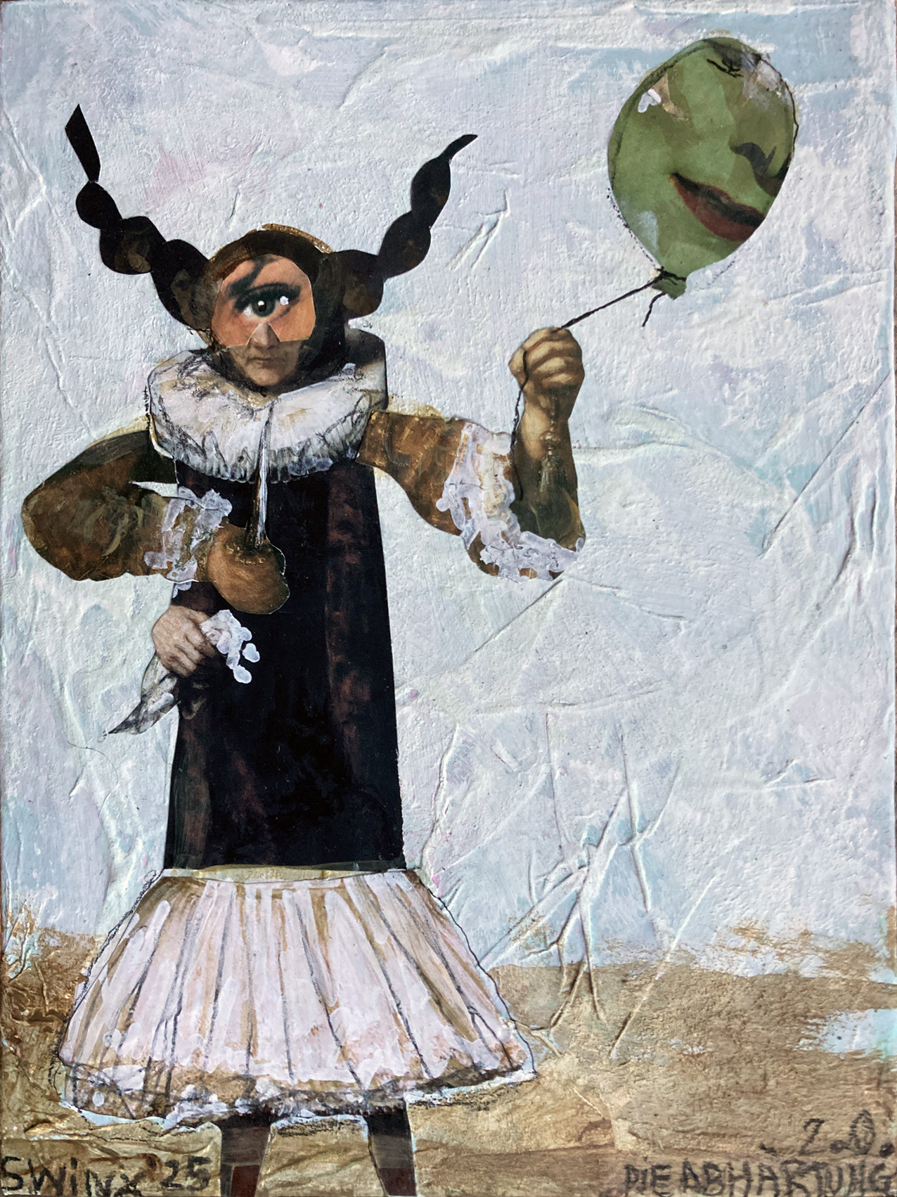 Die Abhärtung_2null, 18 x 24cm, Acrylfarbe, Collage auf mit Papier bezogener Leinwand, 450,–