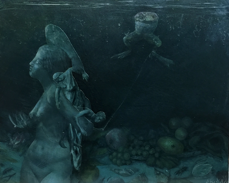 Treffen mit B., 50 x 40, Acryl, Papier auf Holz    750,–