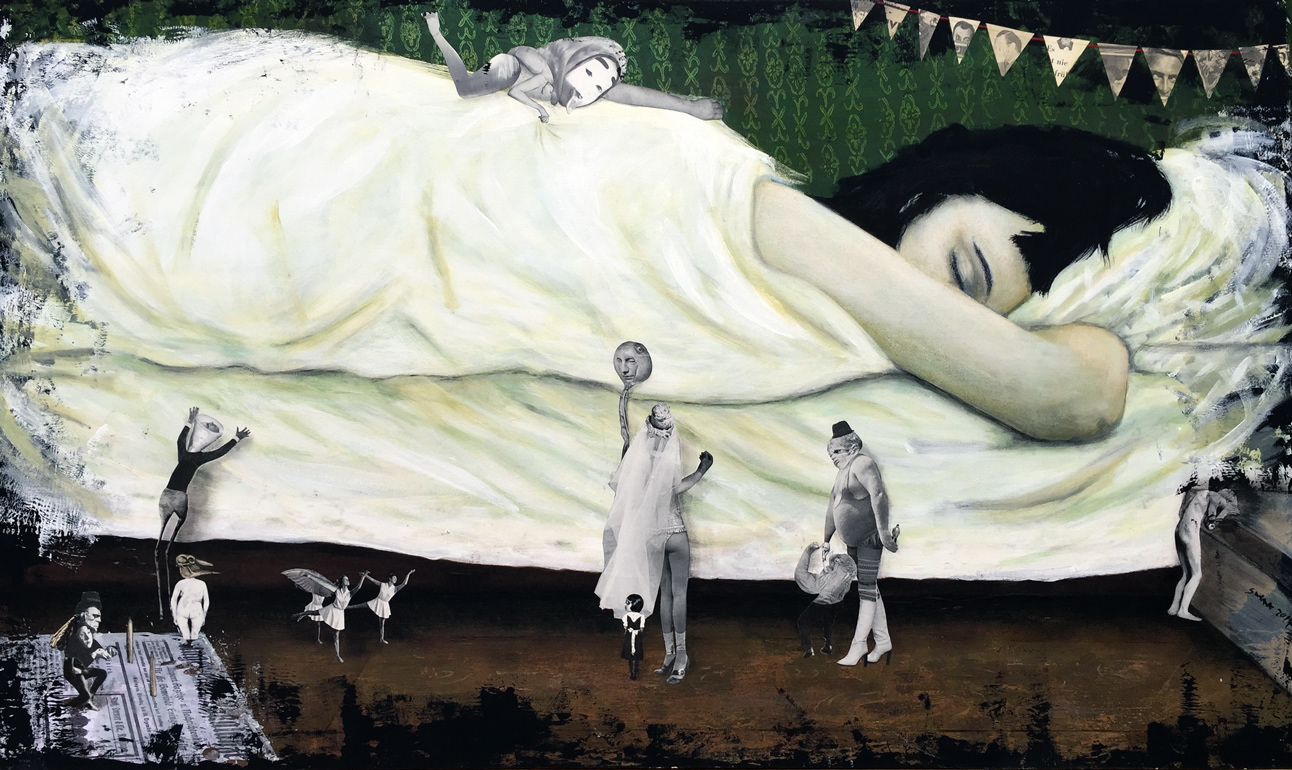 Nachtmahr, 126 x 72, Arylfarbe, Collage auf Holz