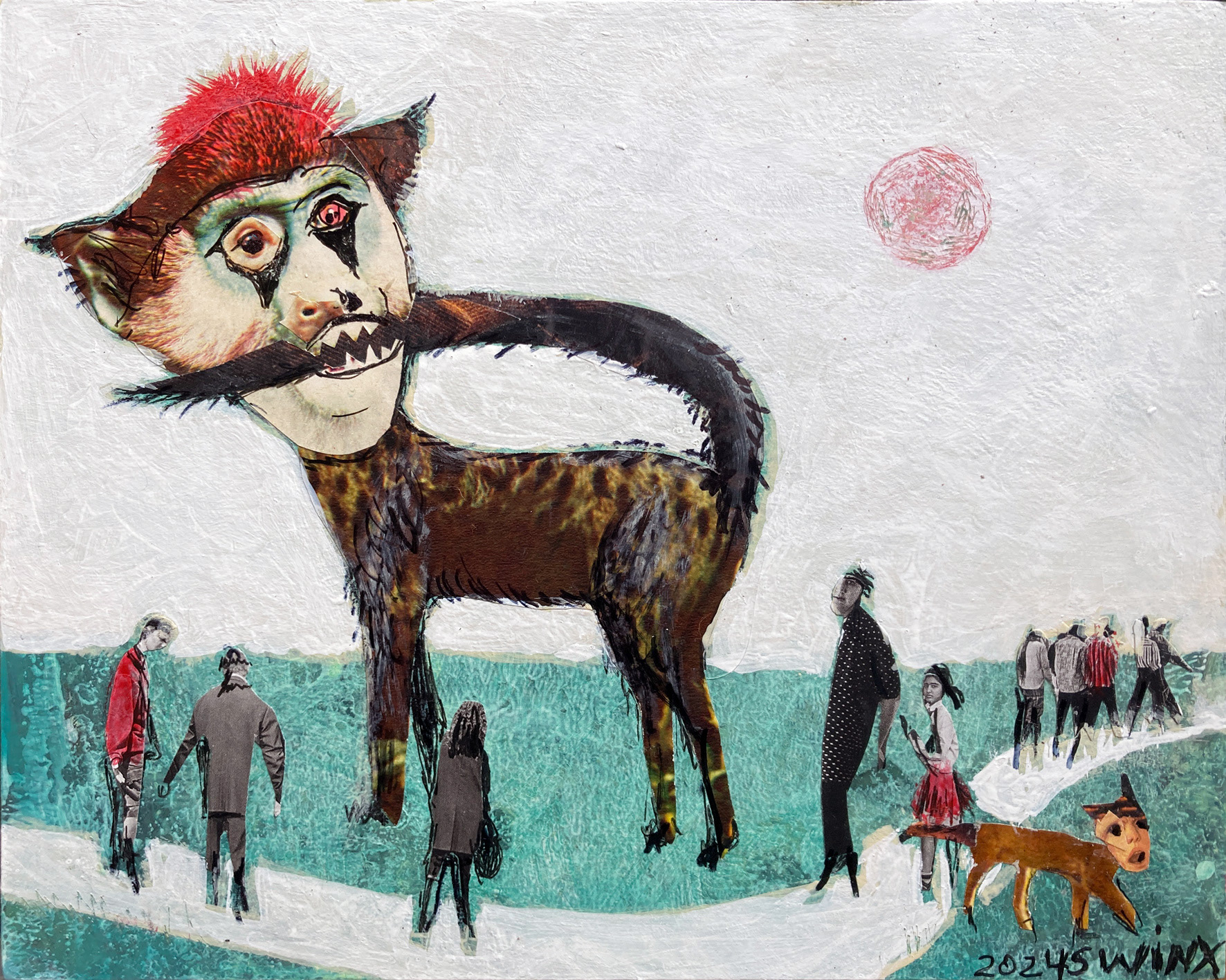 Hund, der sich in den Schwanz beisst, 25 x 20 cm, Collage, Acryl auf Holz, 450,–