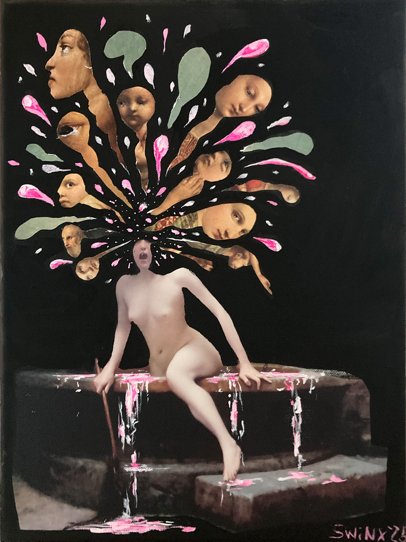 die_wahrheit, 30 x 40cm, Übermalung, Collage auf bedruckter Leinwand, 750,–