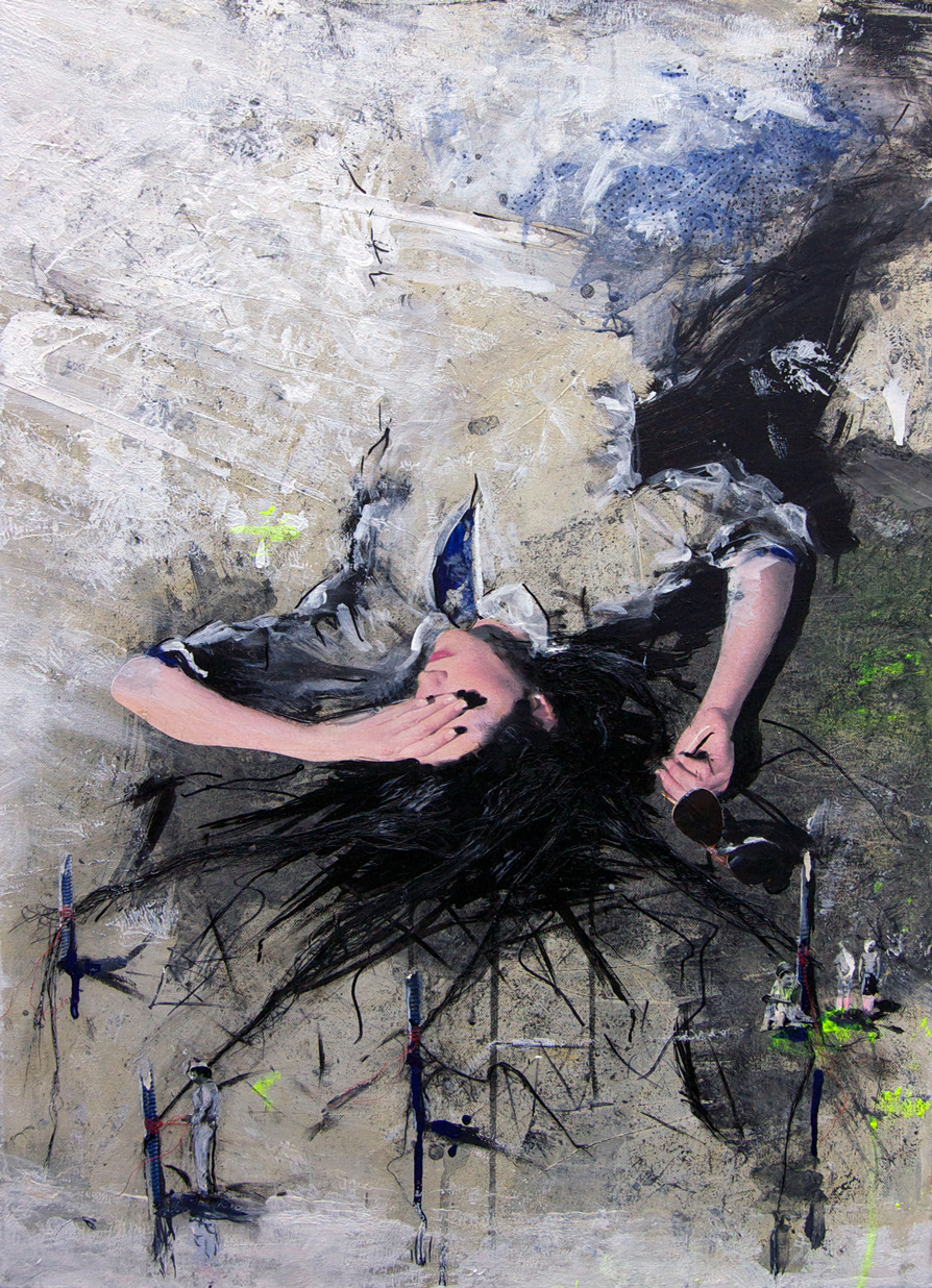 sungazing, 50x70,  Acryl, Papier, Fäden auf Leinwand  (vergeben)