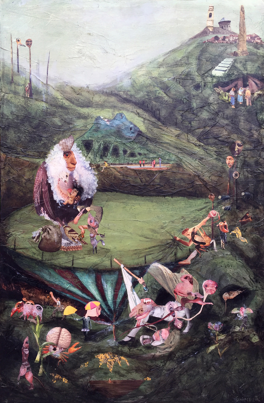 Fädelhirntrauma, 56 x 90, Acrylfarbe, Collage auf bezogener Leinwand, 3500,–