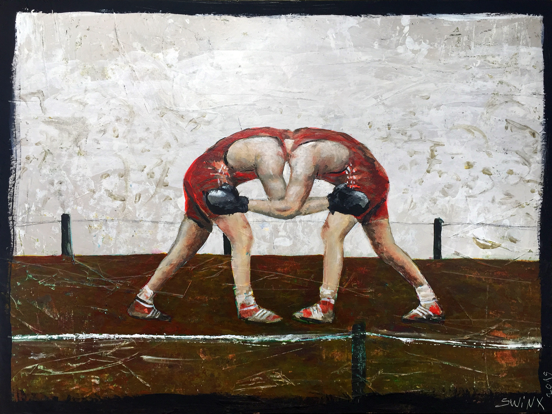 me vs myself, 80 x 60, Acryl auf Zeitungspapier auf Holz