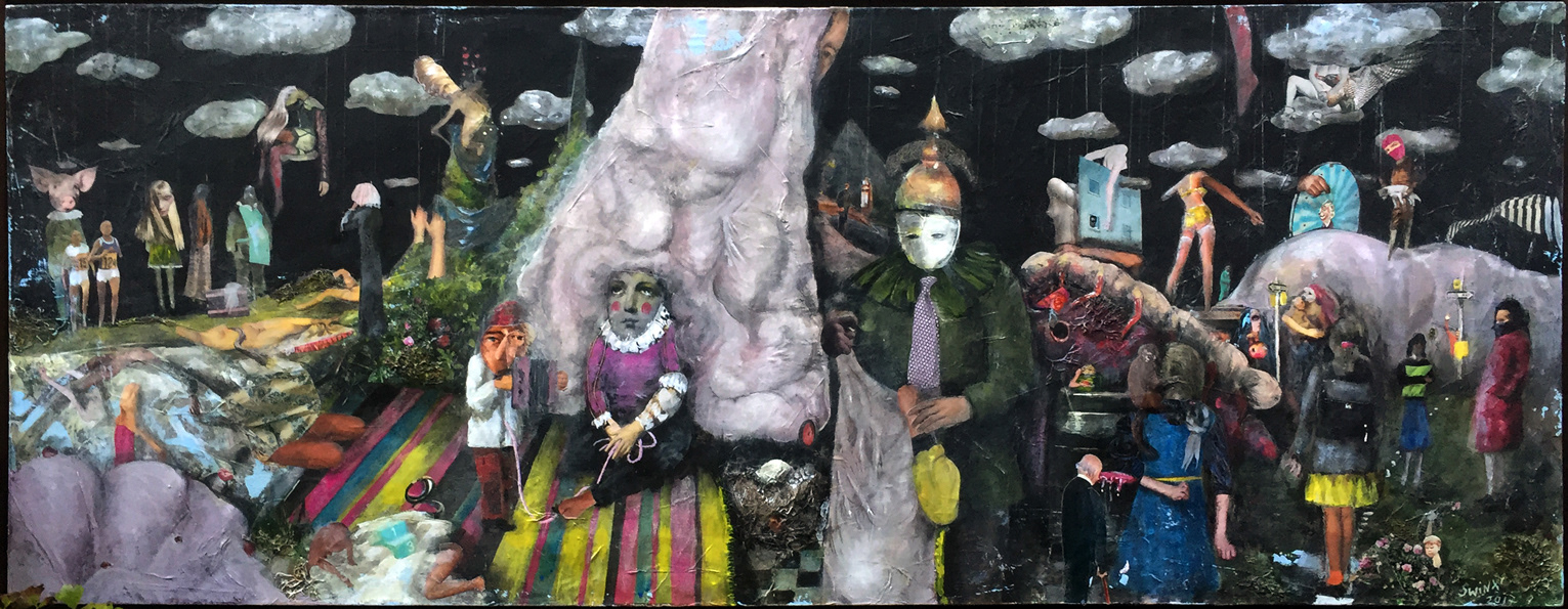 kleines theaterstück über die rolle der frau, 180x70, Acryl, Papier, Nest, Wurzeln auf Leinwand, 4500,–