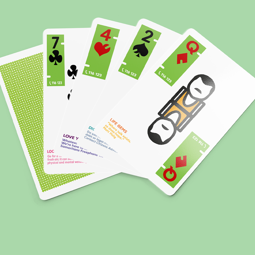 Samaritans playing cards - When everyone else was searching for the latest high-tech solutions, the Samaritans wanted the opposite. They wanted to go low-tech to reach this project's target audience - men aged 30 to 55. With suicide rates rapidly rising amongst this demographic, Samaritans wanted to connect with them as groups and to encourage interaction with each other - and playing cards were embraced as the ideal medium. The brief was to work with the latest Samaritans branding, offer nuggets of helpful information and to appeal to the target demographic, but to keep it discreet, so as not to embarrass the owner.