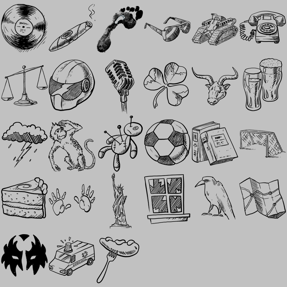 Each chapter of 42 Days was titled after a song, rather than numbered, and had a doodle that reflected both the nature of the narrative and its content. These are the chapter doodles.