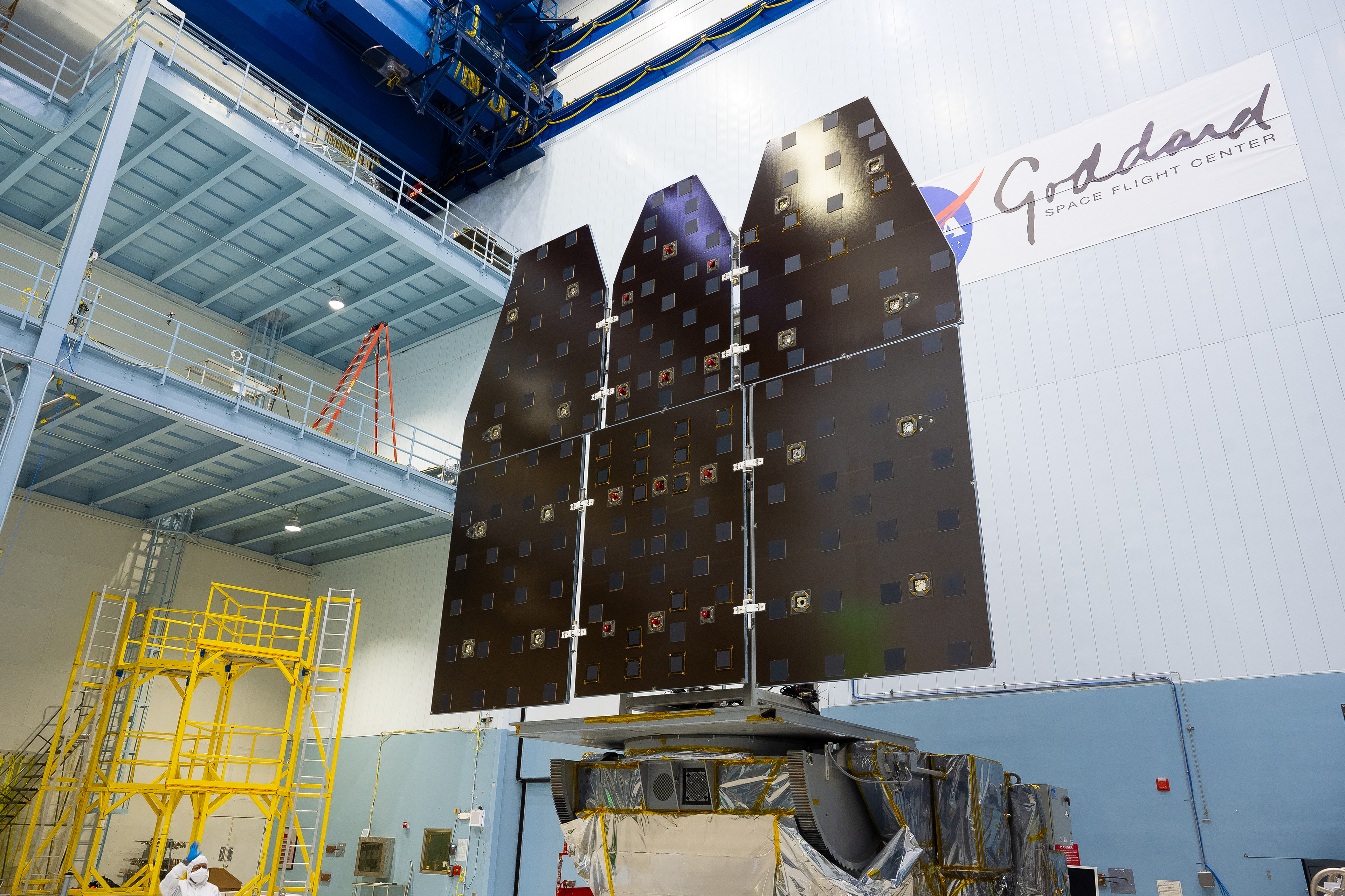 Roman Space Telescope's Solar Array Sun Shield panels fully deployed on the Outer Barrel Assembly.
