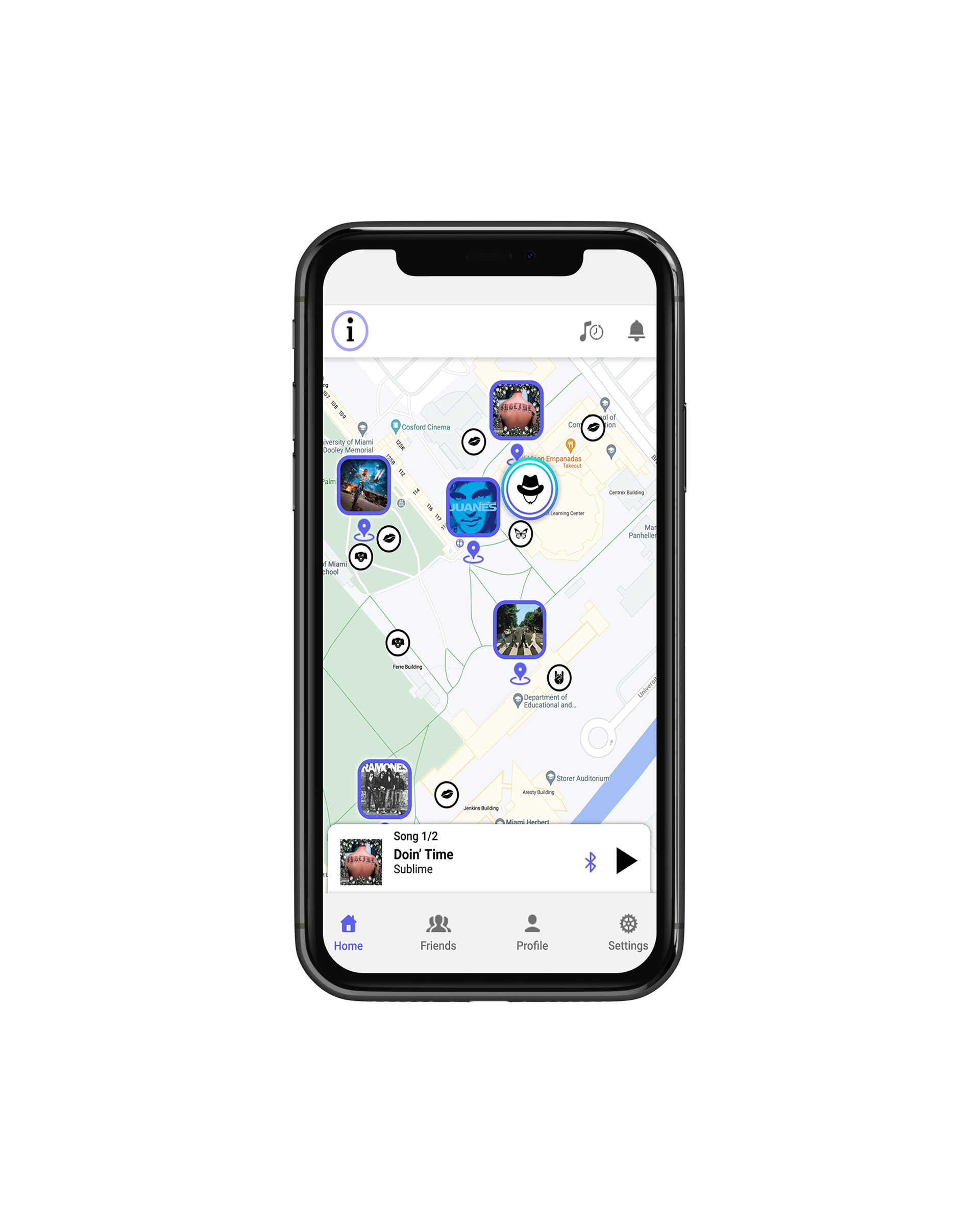 Main screen of the app showing all the local music stops closest to the player, as well as showing at the bottom the current songs in queue.