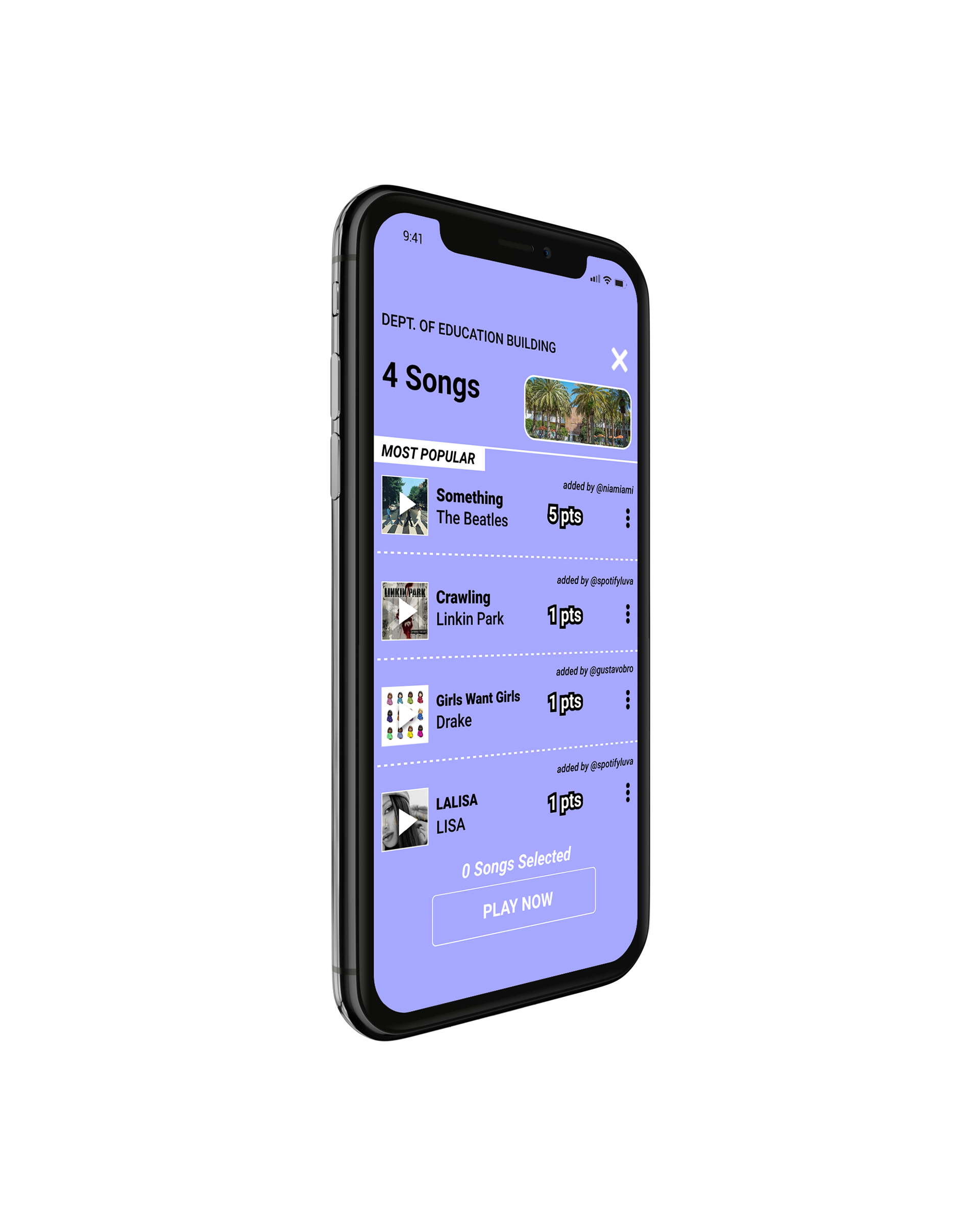 Main screen of the app showing all the local music stops closest to the player, as well as showing at the bottom the current songs in queue.