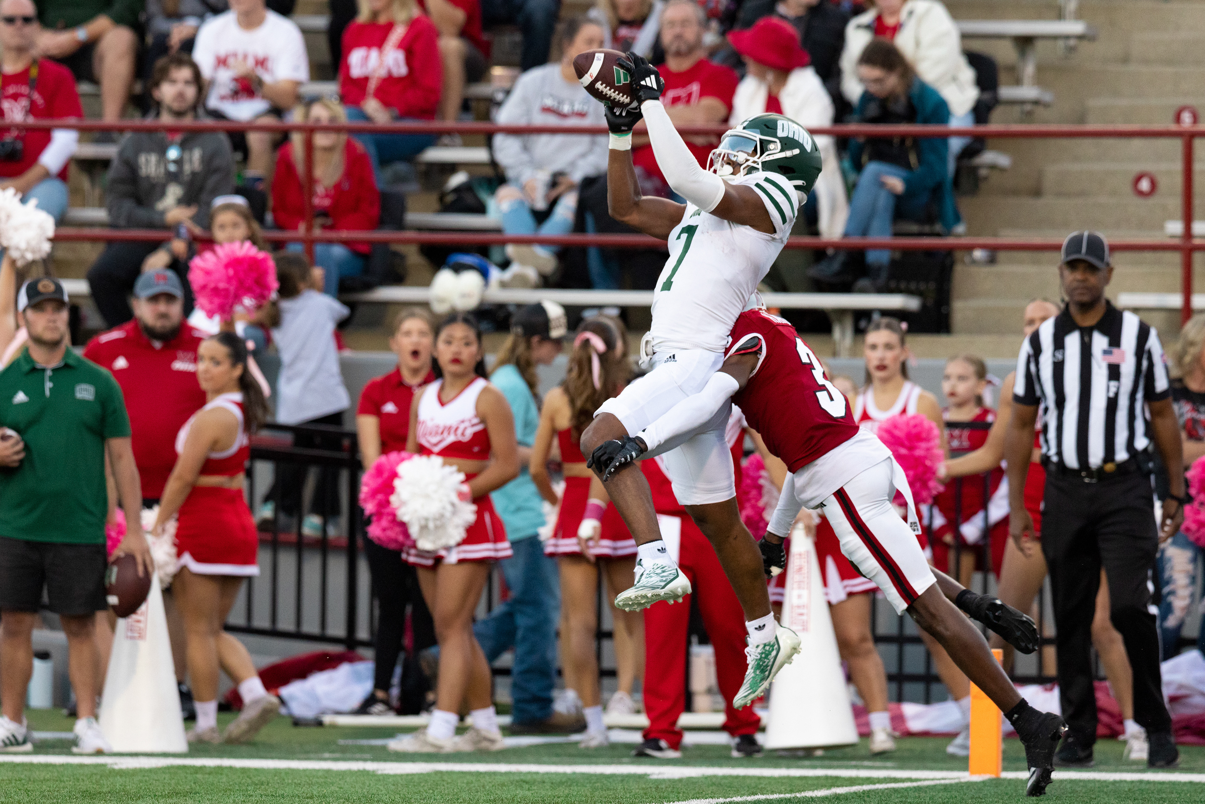 Chase Hendricks (7) makes a catch within the five-yard line in the game against Miami University at Yager Stadium in Oxford, Ohio, Oct 19, 2024.