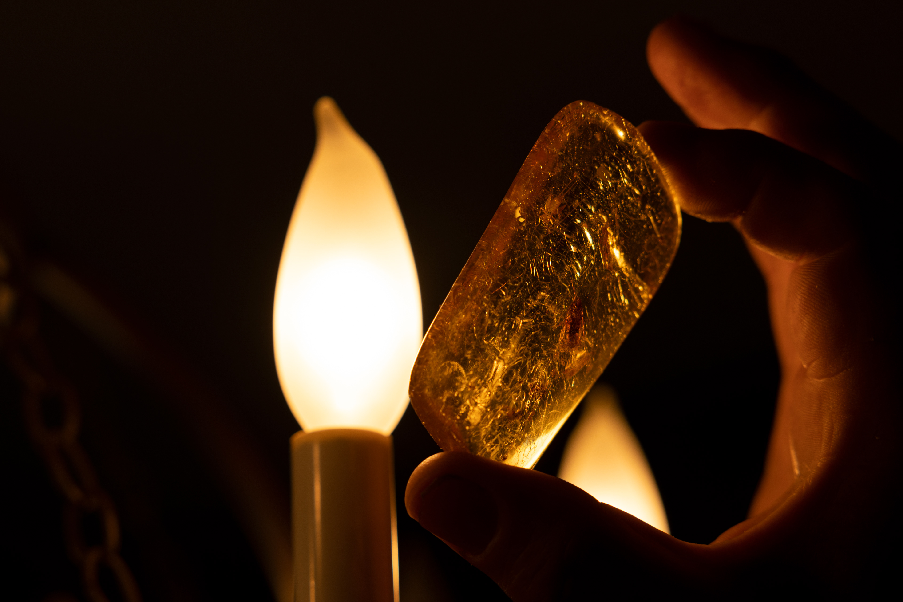 Chuck Harnack holds a piece of amber with an insect inside at his home in Clintonville, Ohio, Sept. 13, 2023. He points out the insect and says, “That’s just like the one in Jurassic Park.” He remarks that it can be a couple of 100,000 or a million years old.
