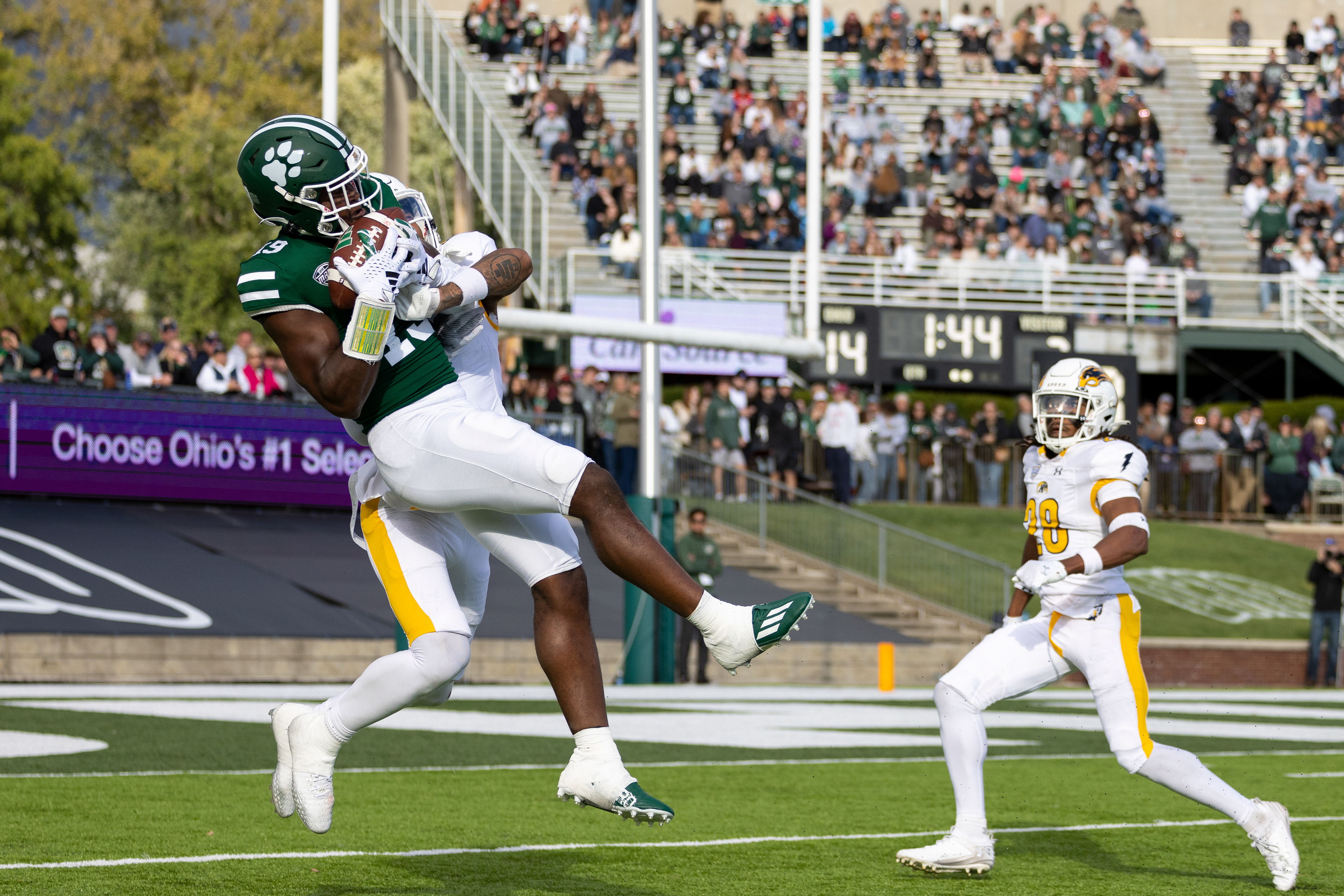 Ohio University junior, Miles Cross (19) makes a mid-air catch against Kent State at Peden Stadium in Athens, Ohio, Oct. 7, 2023.