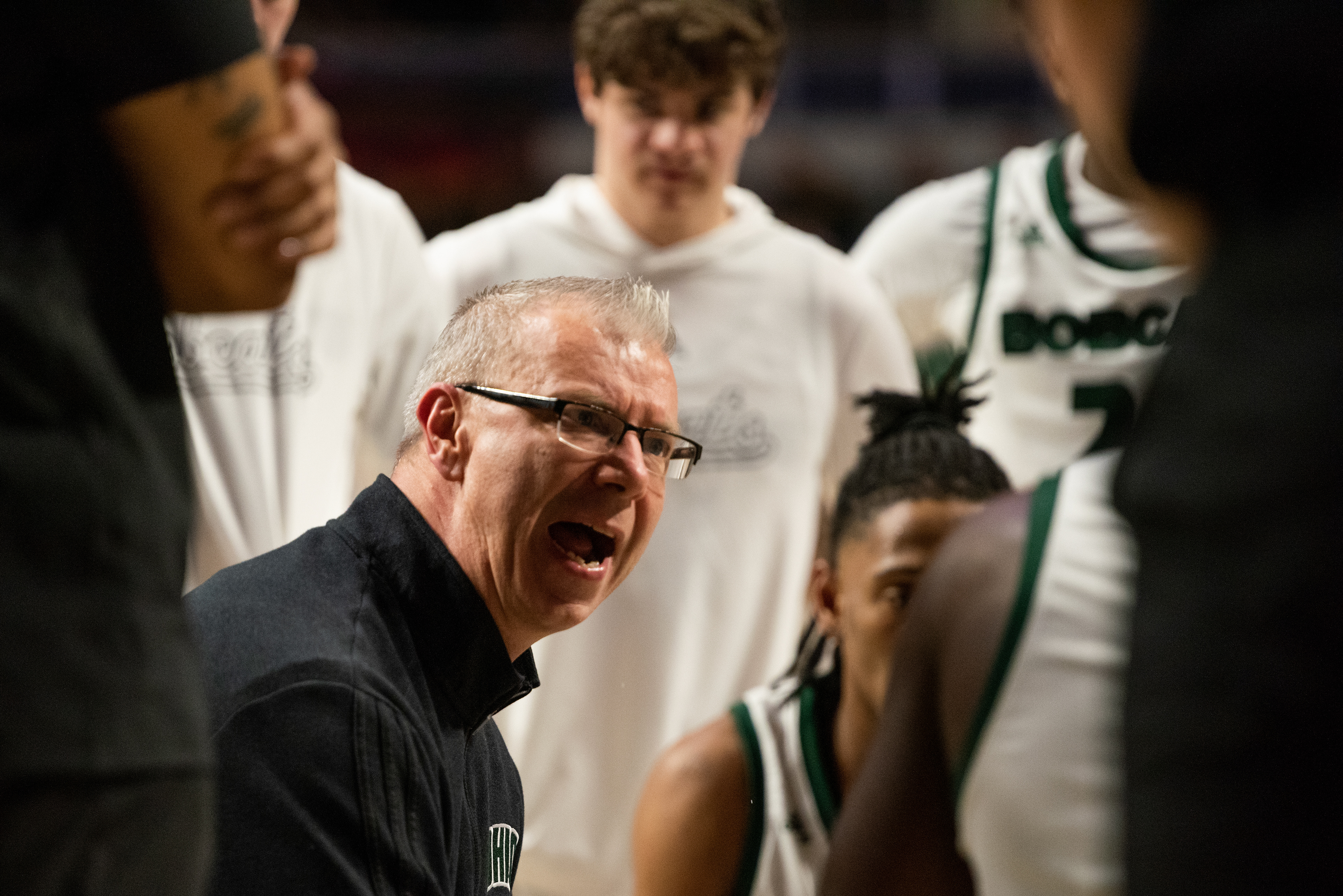 Ohio University’s head coach, Jeff Boals, yells at his players after Northern Illinois ties the game early in the second half at the Convocation Center on February 21, 2023.