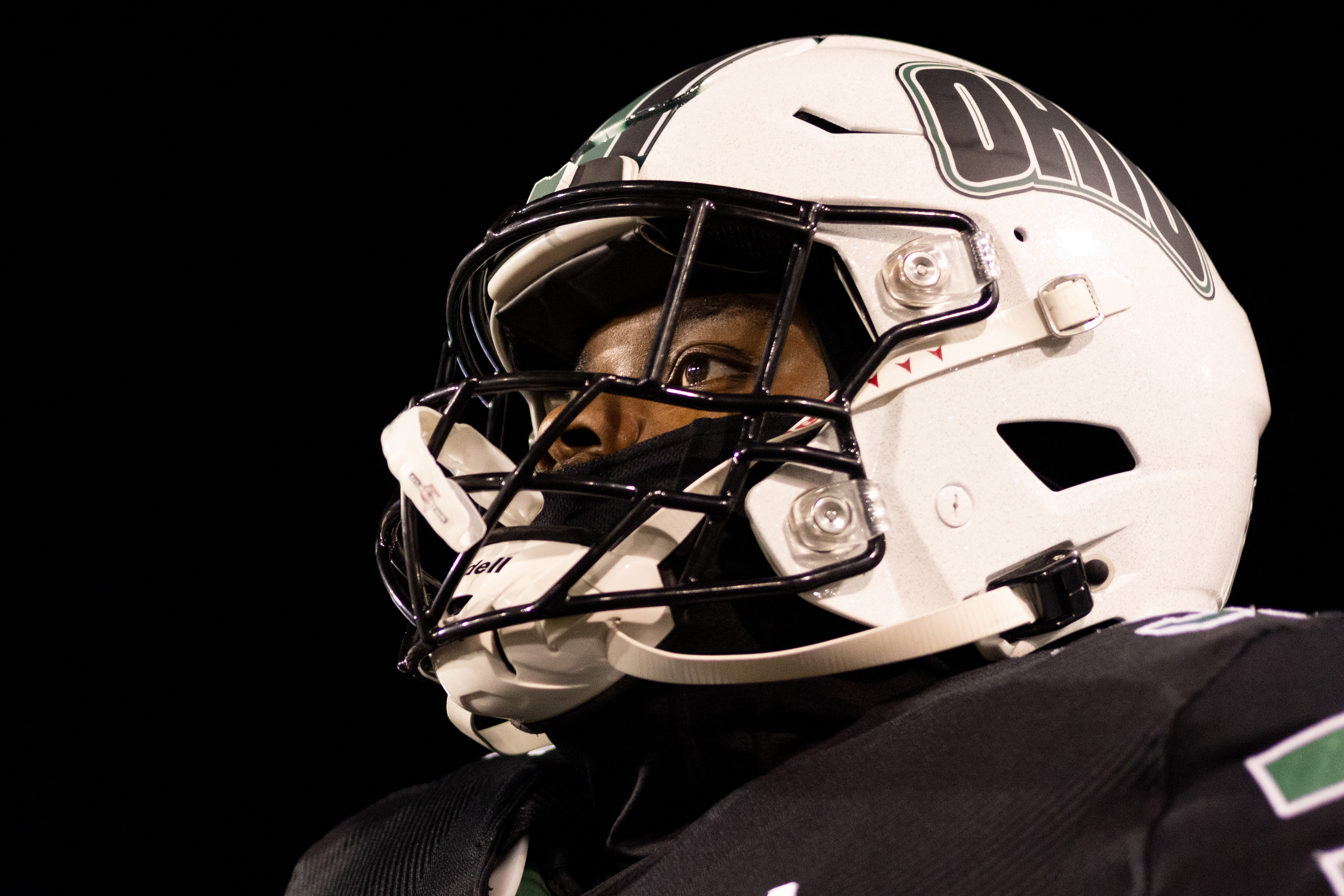 Ohio University defensive tackle Dane Middlebrook (95) looks at the field before the game against Central Michigan at Peden Stadium in Athens, Ohio, Nov. 15, 2023.