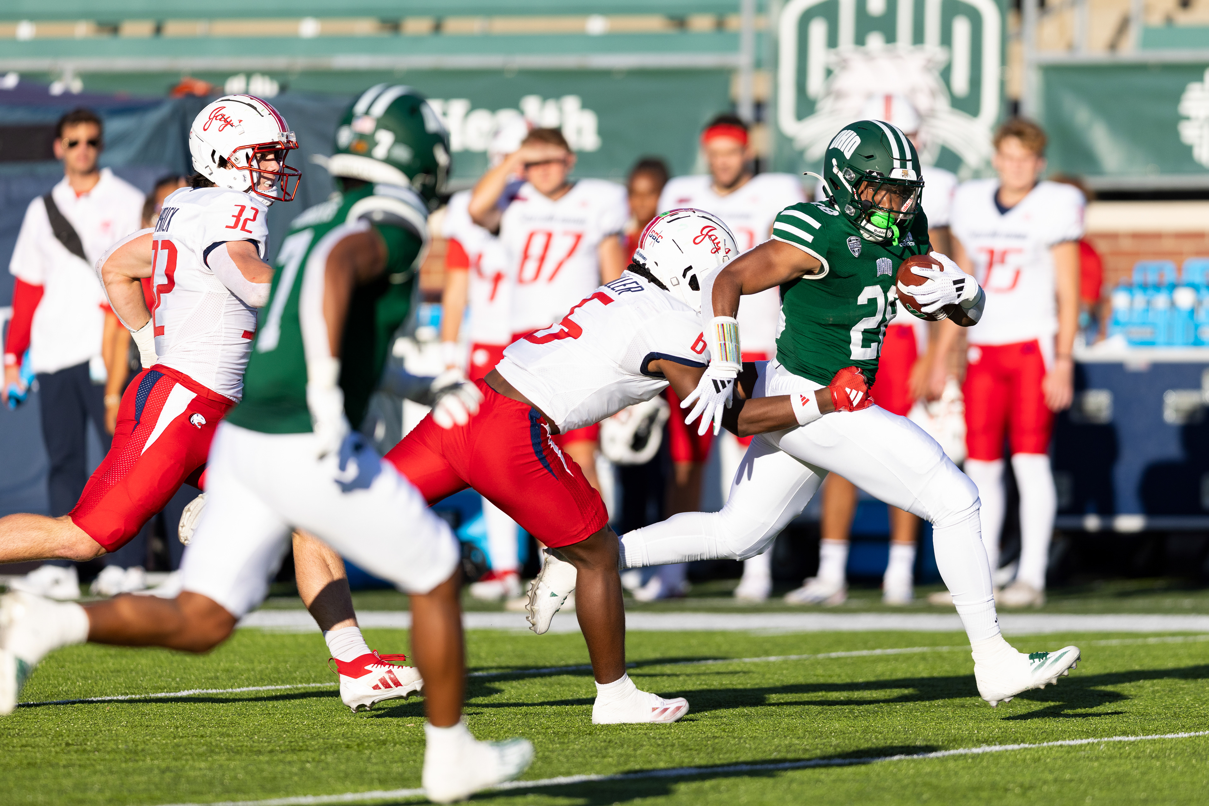 Rickey Hunt Jr. (28) breaks away from a tackle during Ohio University’s game against Southern Alabama at Peden Stadium in Athens, Sept. 7, 2024.