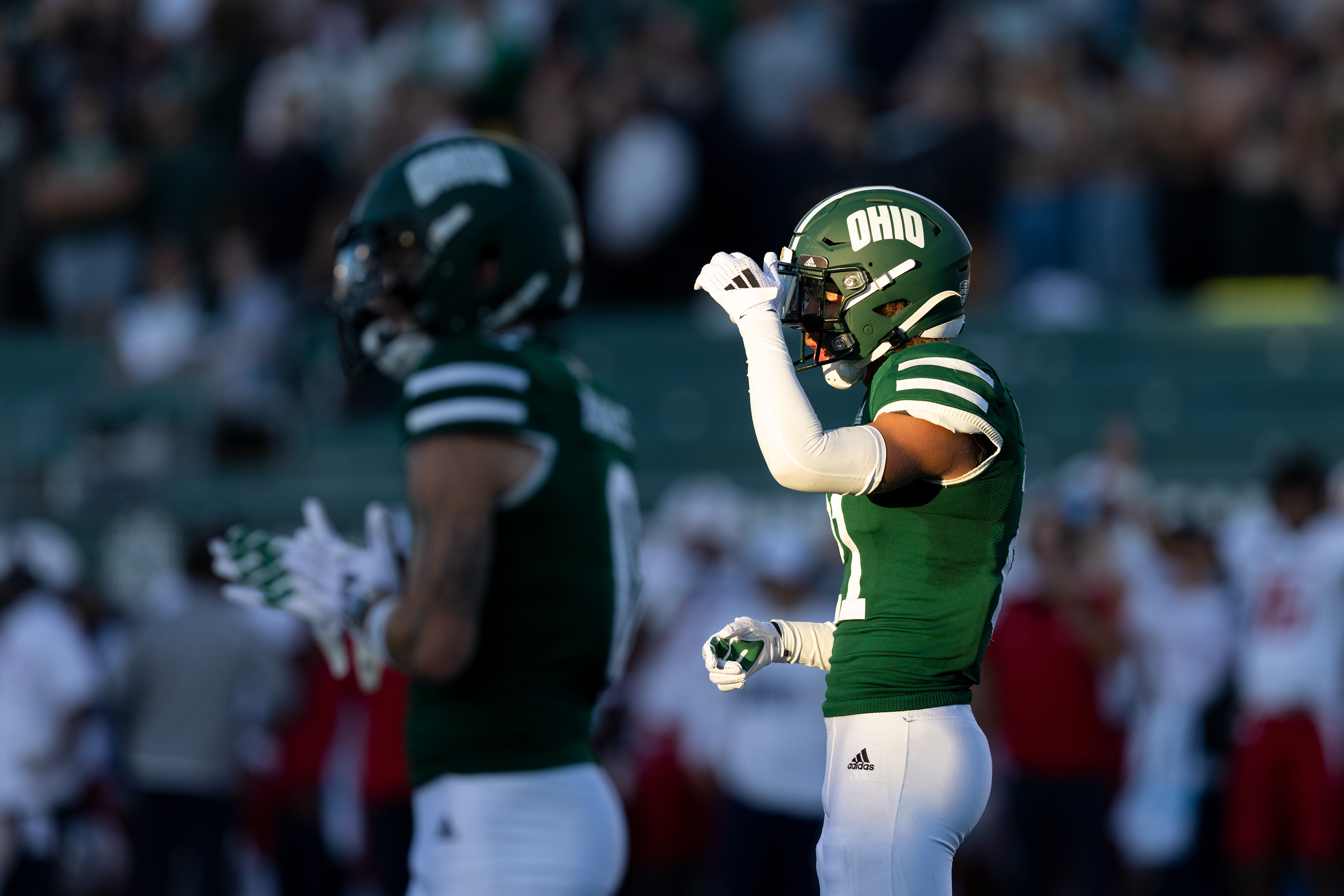 DJ Walker (21) stands on the field waiting for the next play during the Bobcat’s game against Jaguar’s at Peden Stadium in Athens, Sept. 7, 2024.