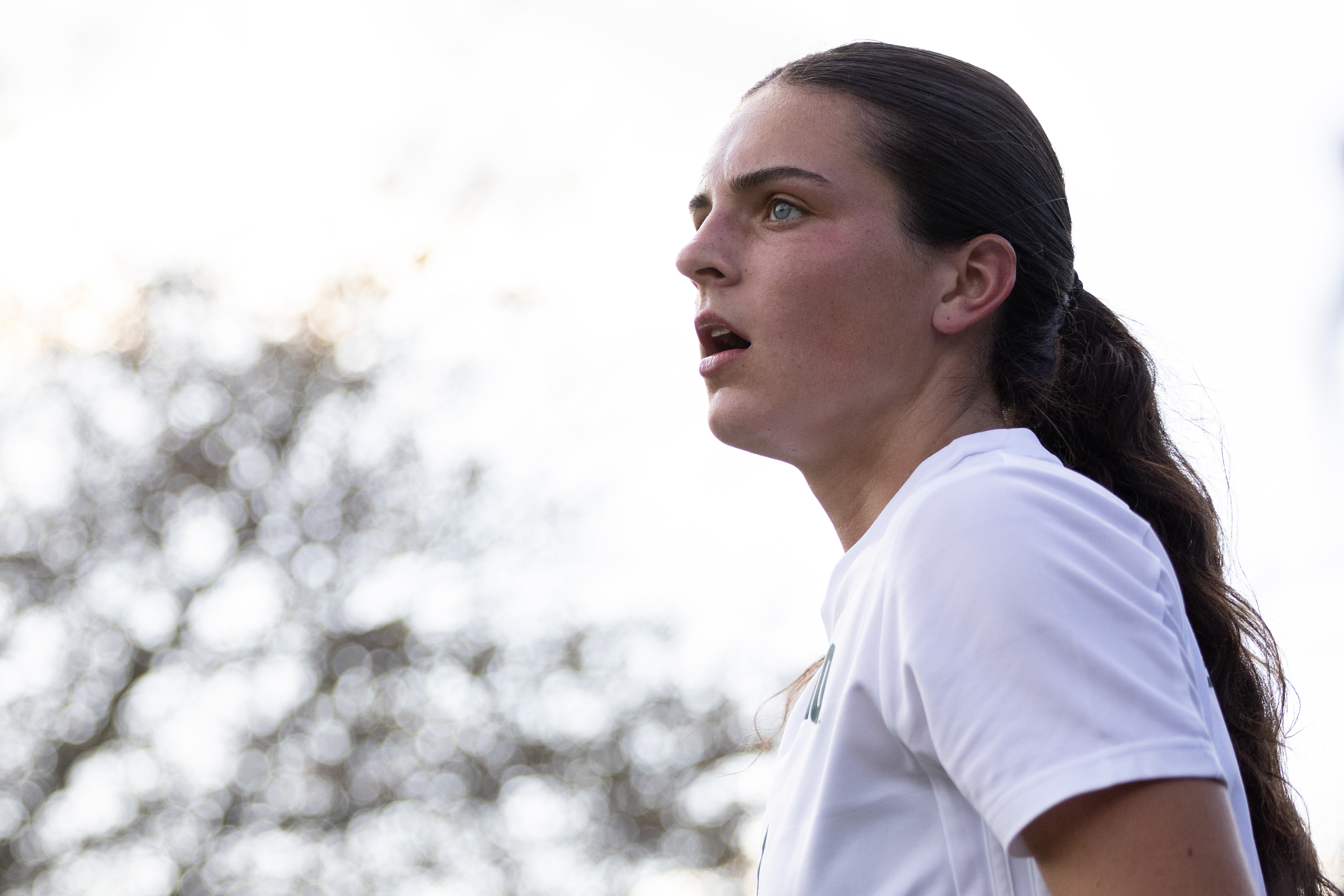 Ohio sophomore Eve Berish (3) looks for her teammates as she prepares for a corner kick against Central Michigan at Chessa Field in Athens, Ohio, Oct. 12, 2023.