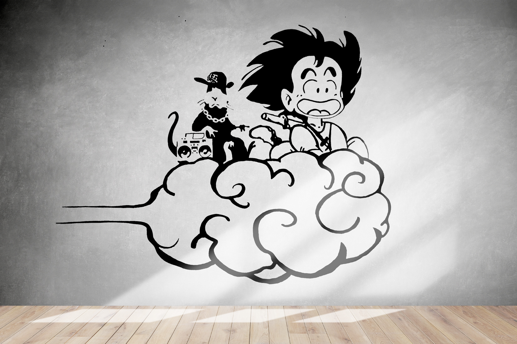 FRESQUE MURALE GOKU & BANKSYRAT - Acrylique & Posca