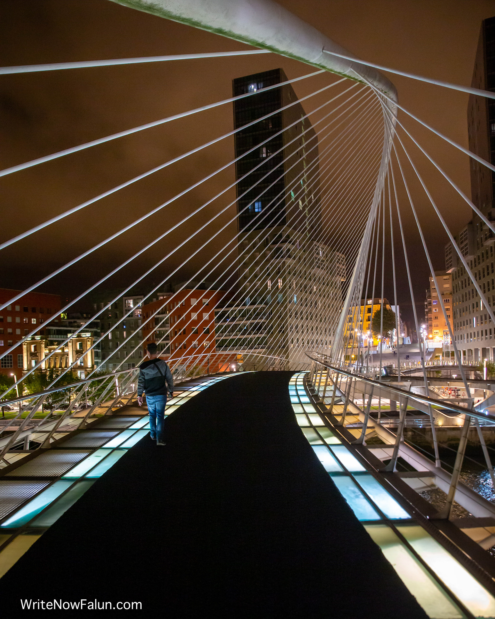 The Zubizuri Bridge (Basque for "white bridge") in Bilbao.  An iconic, modern pedestrian footbridge designed by Santiago Calatrava, crossing the Nervión River not far away from the Guggenheim Museum.