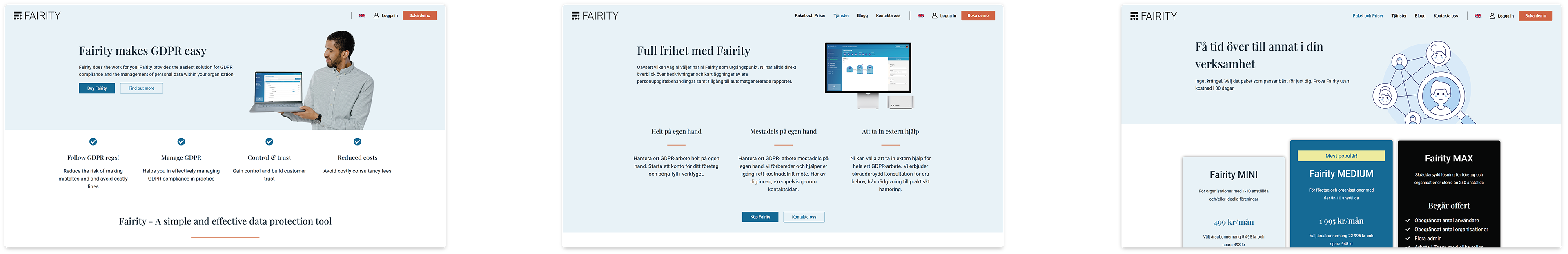 3 Images: landing page in English, services and pricing pages