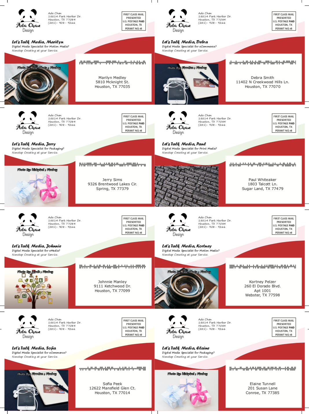 Front of advertising postcard with my branding and variable data.