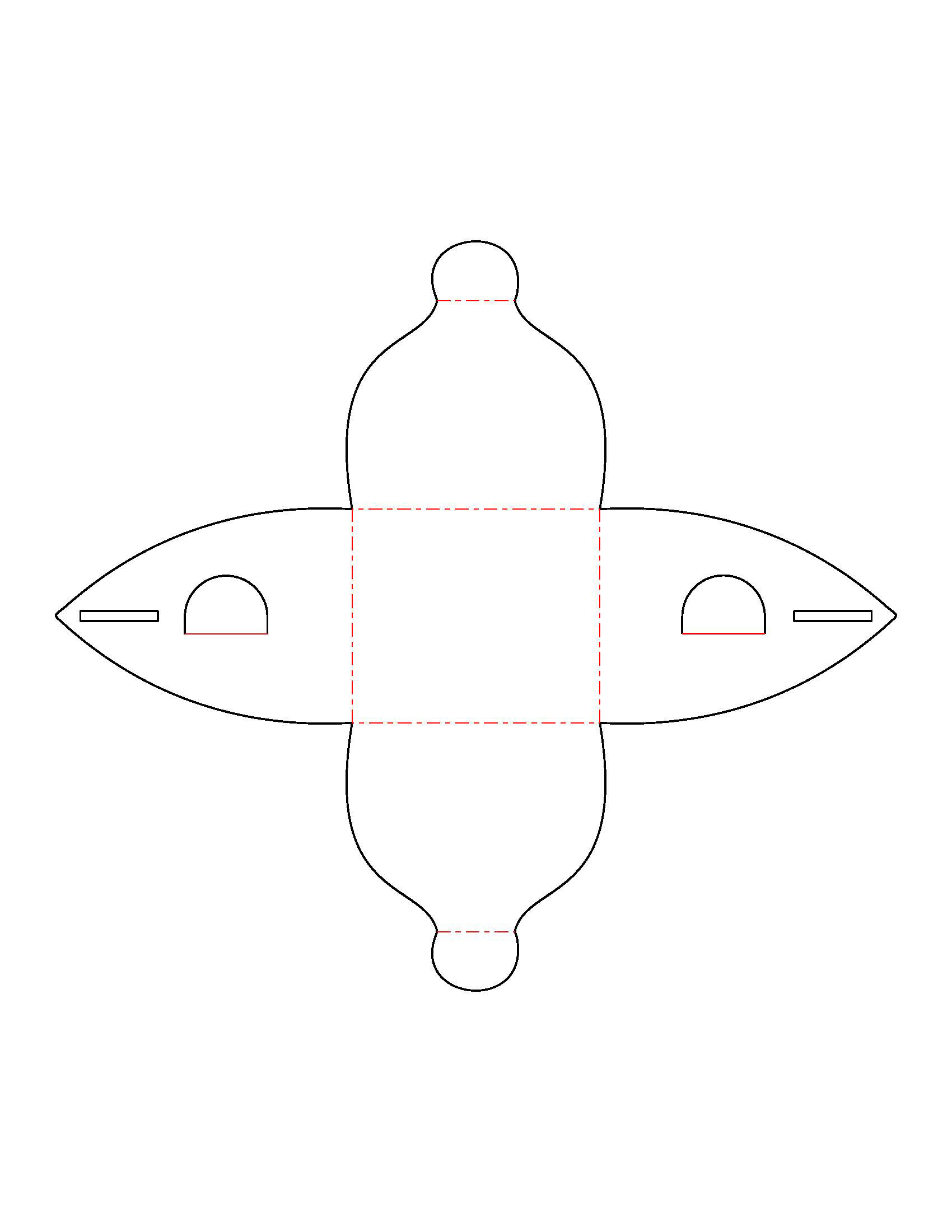 The flat layout and die line of the design structure created using ArtiosCAD. The red marks indicate areas of creasing and the black lines indicate cute marks.