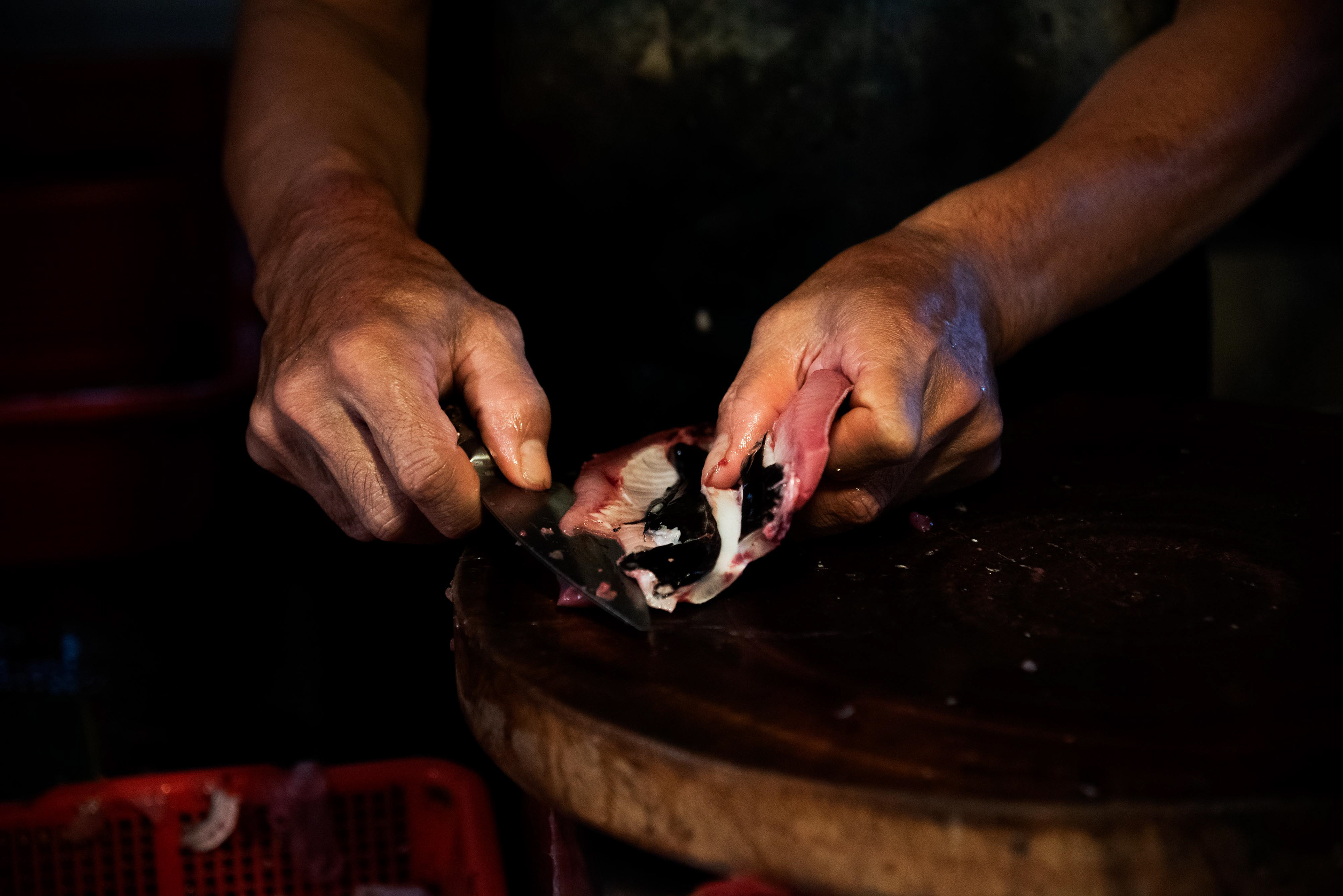 a fishmonger readies fresh fish for display at his market stall