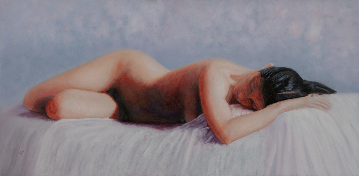 Naked woman restin on a white bed. Cherry flowers in the distance.