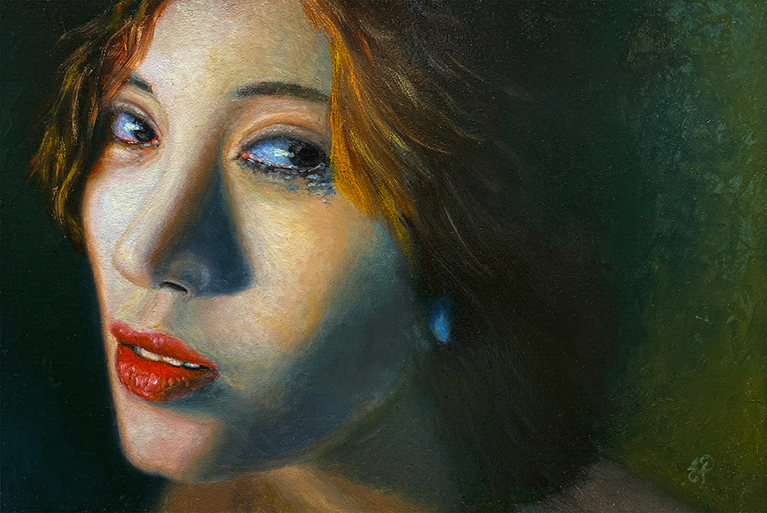 A sad woman with moist eyes. Her gaze says don't.