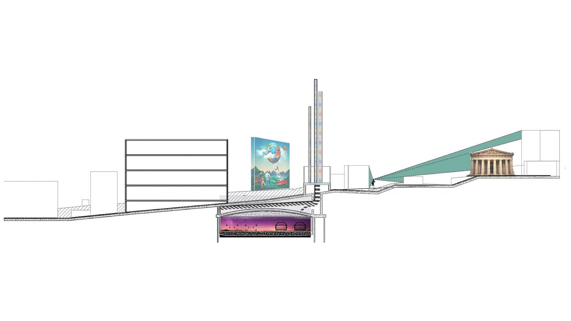 Abstracted section view of the Susnet Strip as imagined. Travellers not travelling to the Sunset Strip as their final destination are pushed into the terrain rather than taking up valuable surface space.
