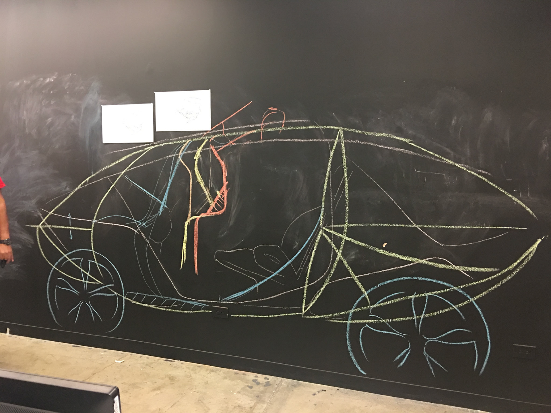 Chalk drawing instead of typical car design tape drawings