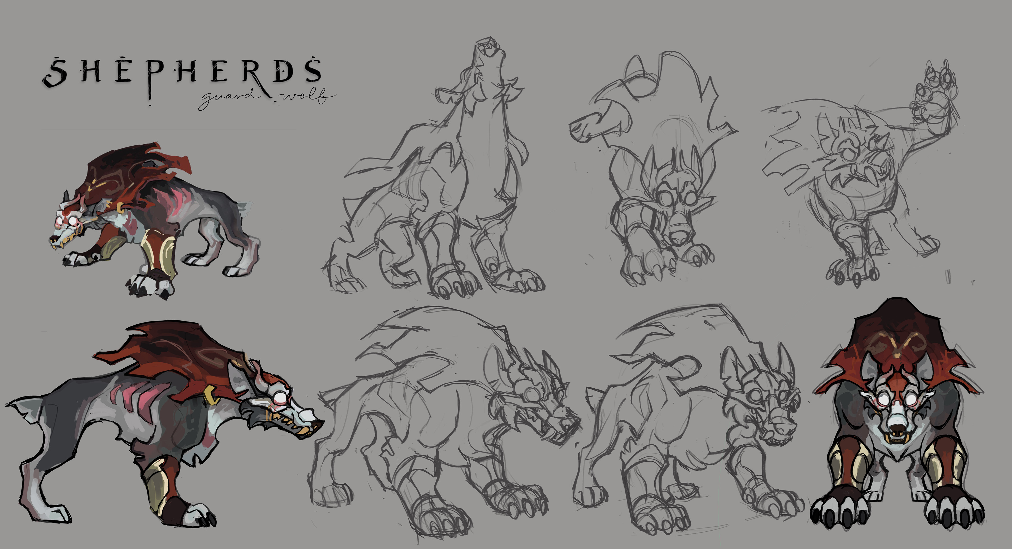 Guard wolves came about from the game design / programmers later in the game. Final posing sheet by E.G. but design developed by team.