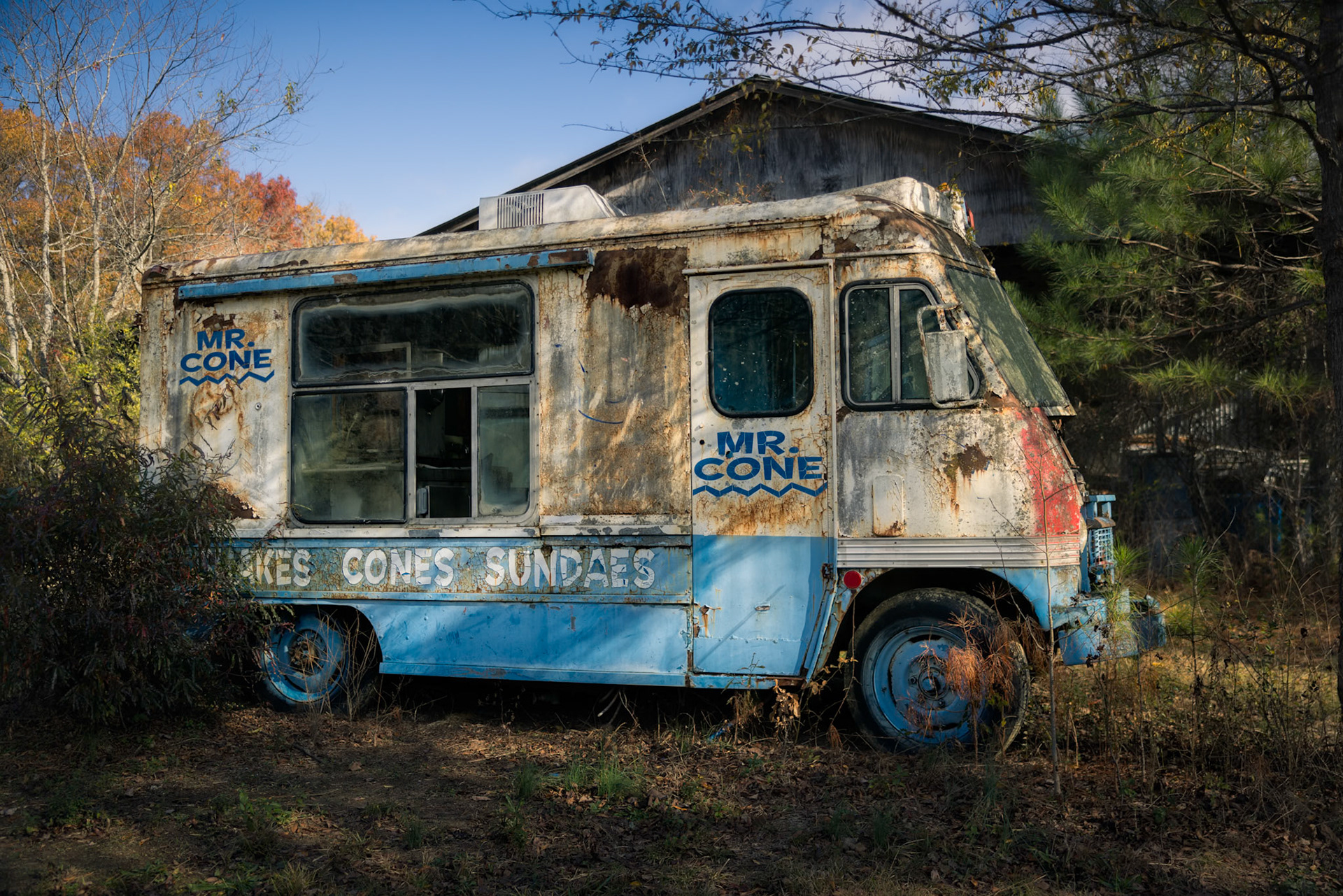 SWEET DAYS GONE  |  Once a familiar sight on summer afternoons, this weathered ice cream truck now sits quietly among the trees, its bright colors softened by rust, time, and seasons long passed. The laughter of children and the anticipation of a frozen treat have been replaced by silence, yet the memories seem to linger in every faded panel and peeling decal.What struck me was the contrast between joy and decay. Though nature has slowly reclaimed it, the truck still carries echoes of simpler days, standing as a reminder that even the most ordinary moments can leave a lasting imprint long after the journey has ended.