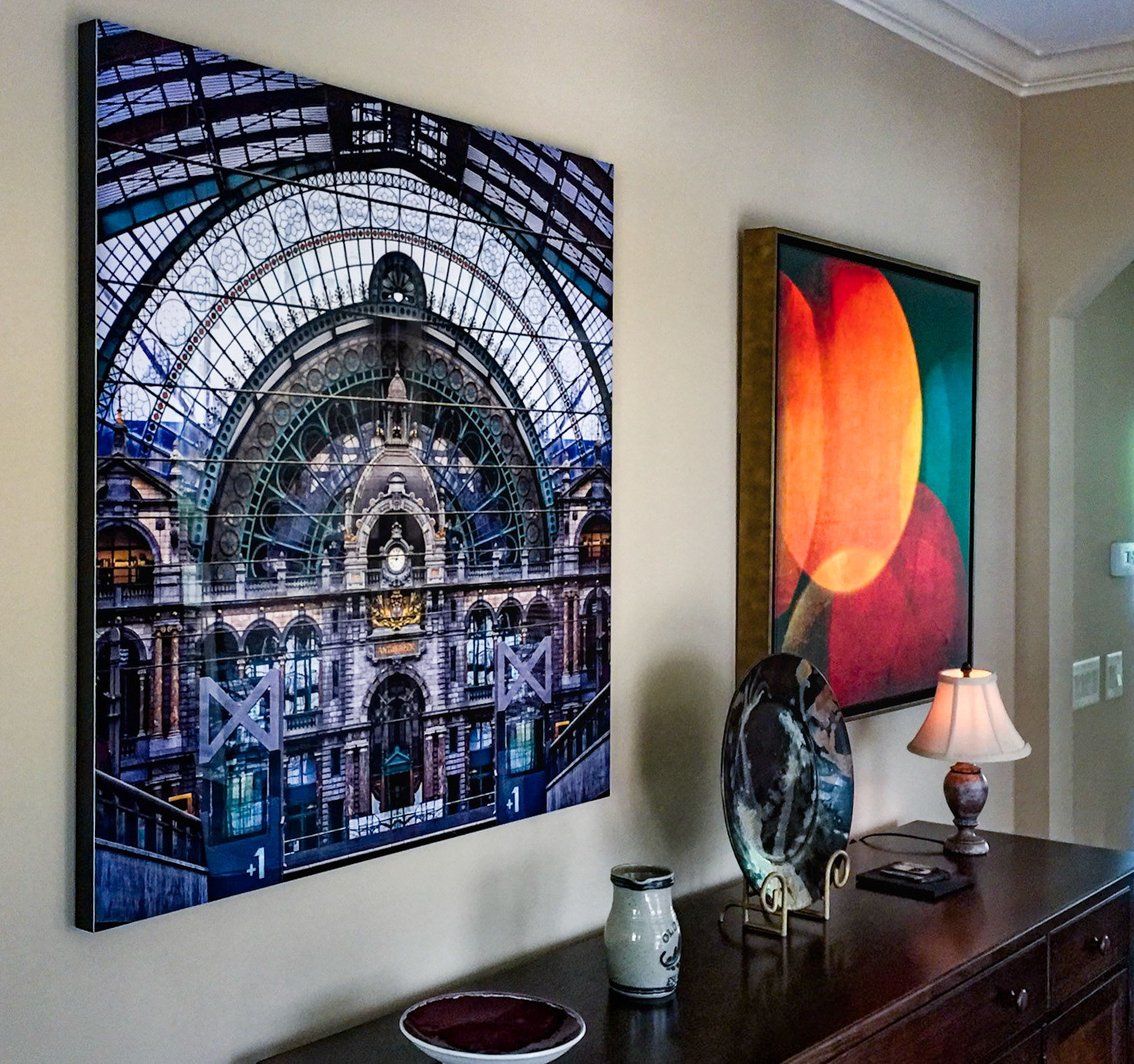 FRAMED TO EDGE ANTWERP TRAIN TERMINAL AND FRAMED CANVAS GALLERY WRAP HARVEST MOONS