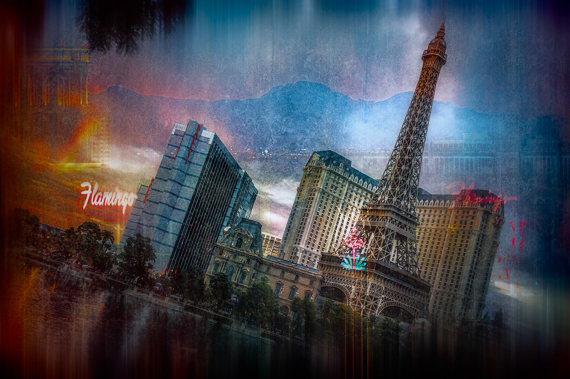 VEGAS DREAMS  |  A layered composite of Las Vegas landmarks, neon signage, architecture, and distant mountains, blended into a scene that feels more like a memory than a photograph. The Eiffel Tower replica at Paris Las Vegas anchors the composition while fragments of the city's iconic imagery emerge through textures, light, and color.The intentionally tilted perspective and overlapping elements create a sense of motion and sensory overload, echoing the experience of walking the Strip itself. Familiar landmarks appear and disappear within the layers, inviting viewers to explore the image and discover new details with each viewing.Rather than documenting a specific location or moment, the piece captures the energy, spectacle, and visual excess that define Las Vegas. It is a portrait of the city as it is often remembered: vibrant, chaotic, colorful, and larger than life.