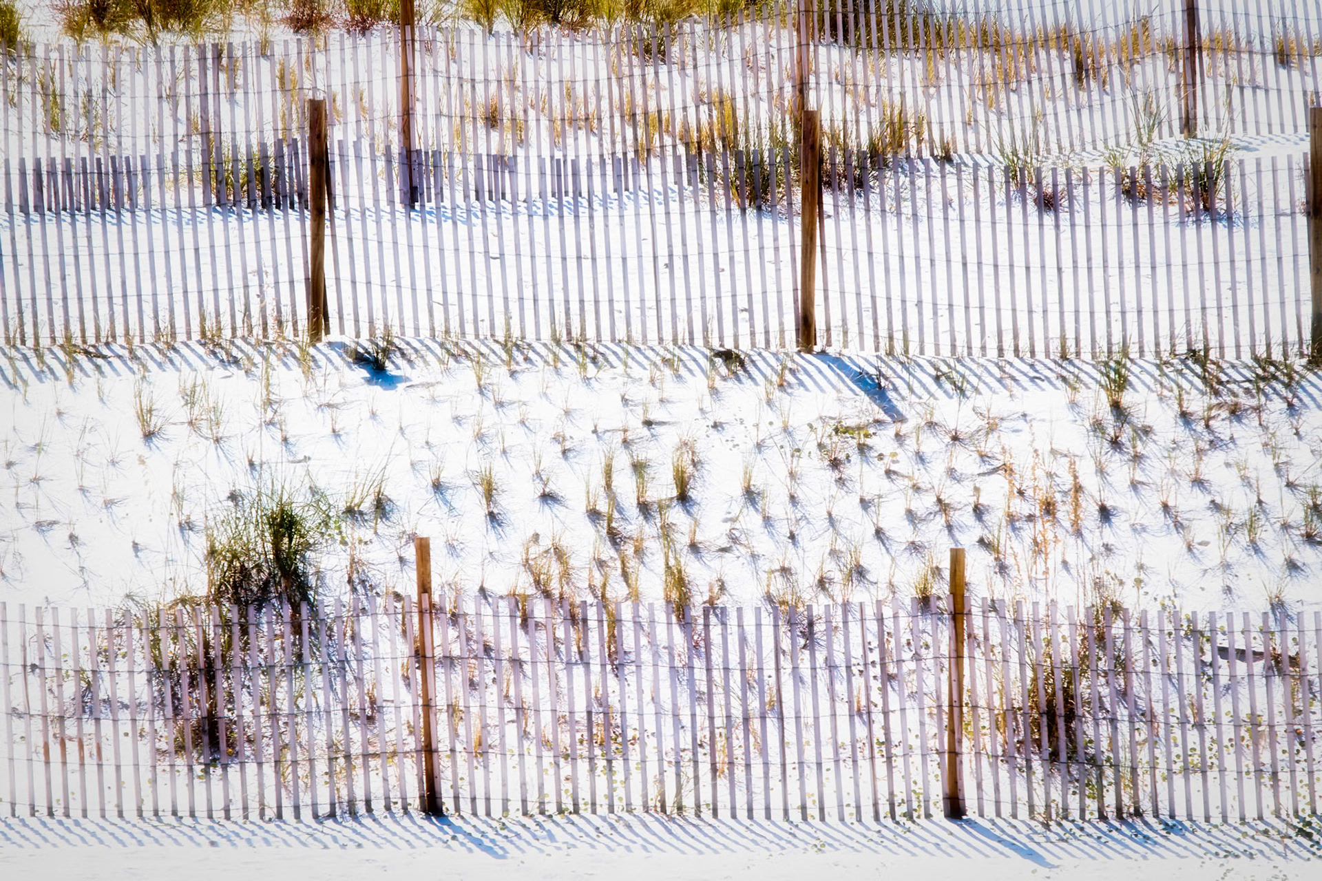 LINES IN THE SAND  |  Rows of weathered sand fences trace across the dunes, creating repeating patterns of line, shadow, and texture. The bright white sand and scattered sea grasses give the scene a minimalist feel, while the layered fences add rhythm and depth.What first appears simple reveals an intricate arrangement of shapes created by wind, light, and the effort to protect the shoreline. The result is a quiet coastal study where structure and nature work together.