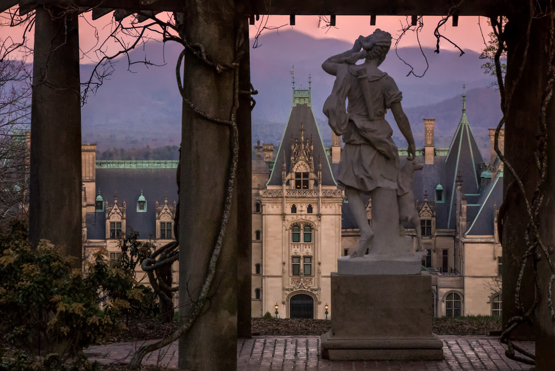BETWEEN PAST AND PRESENT  |  Long before the estate awakened, I stood alone in the quiet darkness waiting for the first hint of dawn.The air was cool and still as the silhouette of the Biltmore slowly emerged from the night. Framed by the pergola and watched over by a graceful marble statue, the mansion seemed less like a home and more like a scene from a European fairytale.What drew me to this composition was the sense of anticipation. The estate had not yet come alive with visitors. The lights glowed softly, the mountains rested in the background, and the sky carried the delicate colors that exist only for a few fleeting moments before sunrise.Like many photographers, I became completely absorbed in the scene unfolding before me. Every ounce of concentration was focused on composition, exposure, and timing. It wasn't until later that I realized I had not been alone at all.A pair of deer had quietly wandered to within twenty feet of where I stood, observing me as I worked. They had come and gone without my noticing, as though they were simply part of the landscape itself.That realization became my favorite memory of the morning.The photograph captures the beauty of the Biltmore, but for me it also represents something else. Those rare moments when we become so immersed in the experience that the world around us fades away, leaving only the connection between place, light, and time.