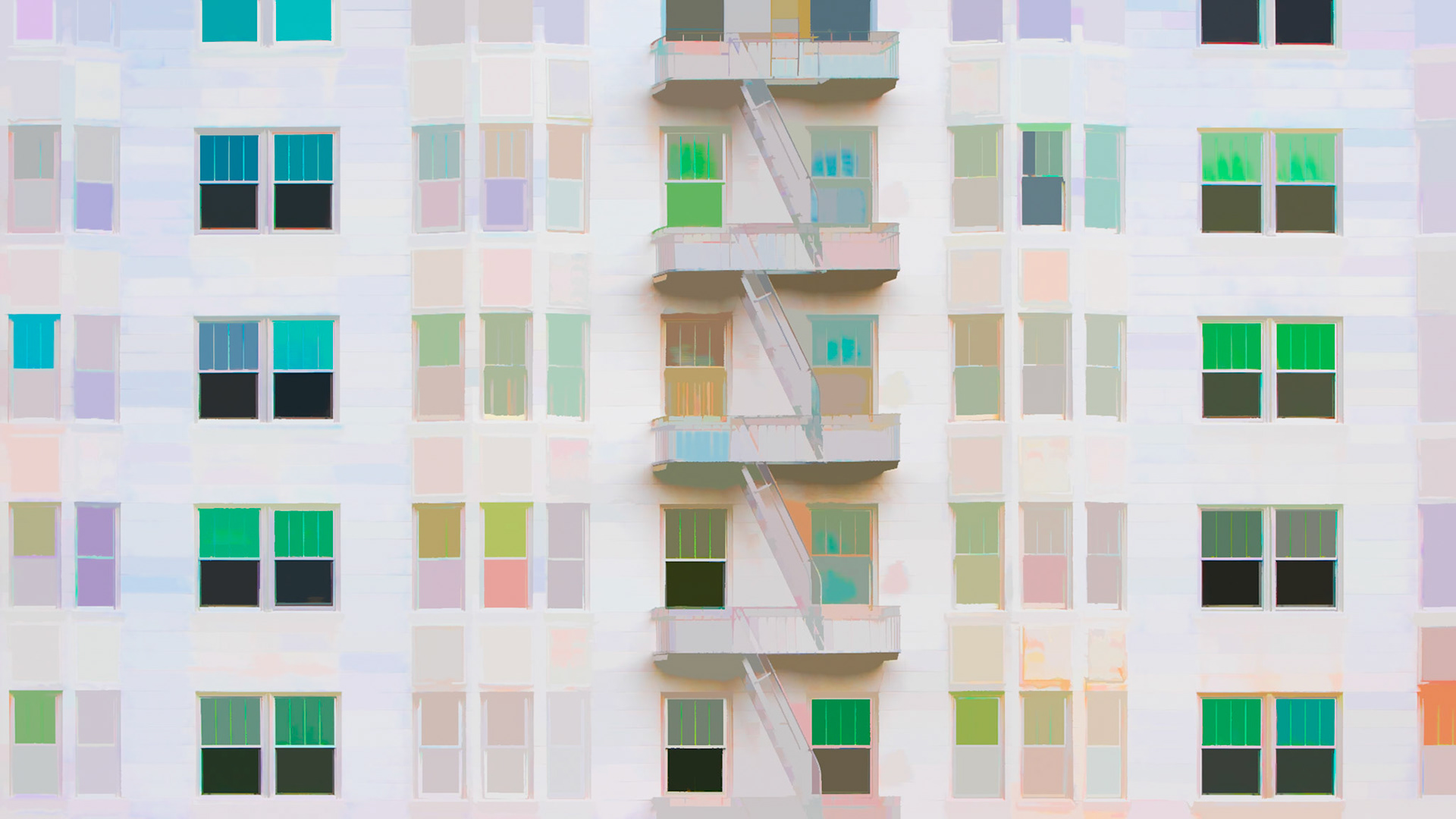 HOUSING | SAN FRANCISCO  |  What began as a city building has been transformed into something almost dreamlike. Soft washes of color turn windows, balconies, and shadows into a delicate grid of shapes, blurring the line between architecture and abstract art.The familiar disappears, leaving behind a quiet composition of light, pattern, and color that feels more painted than photographed.