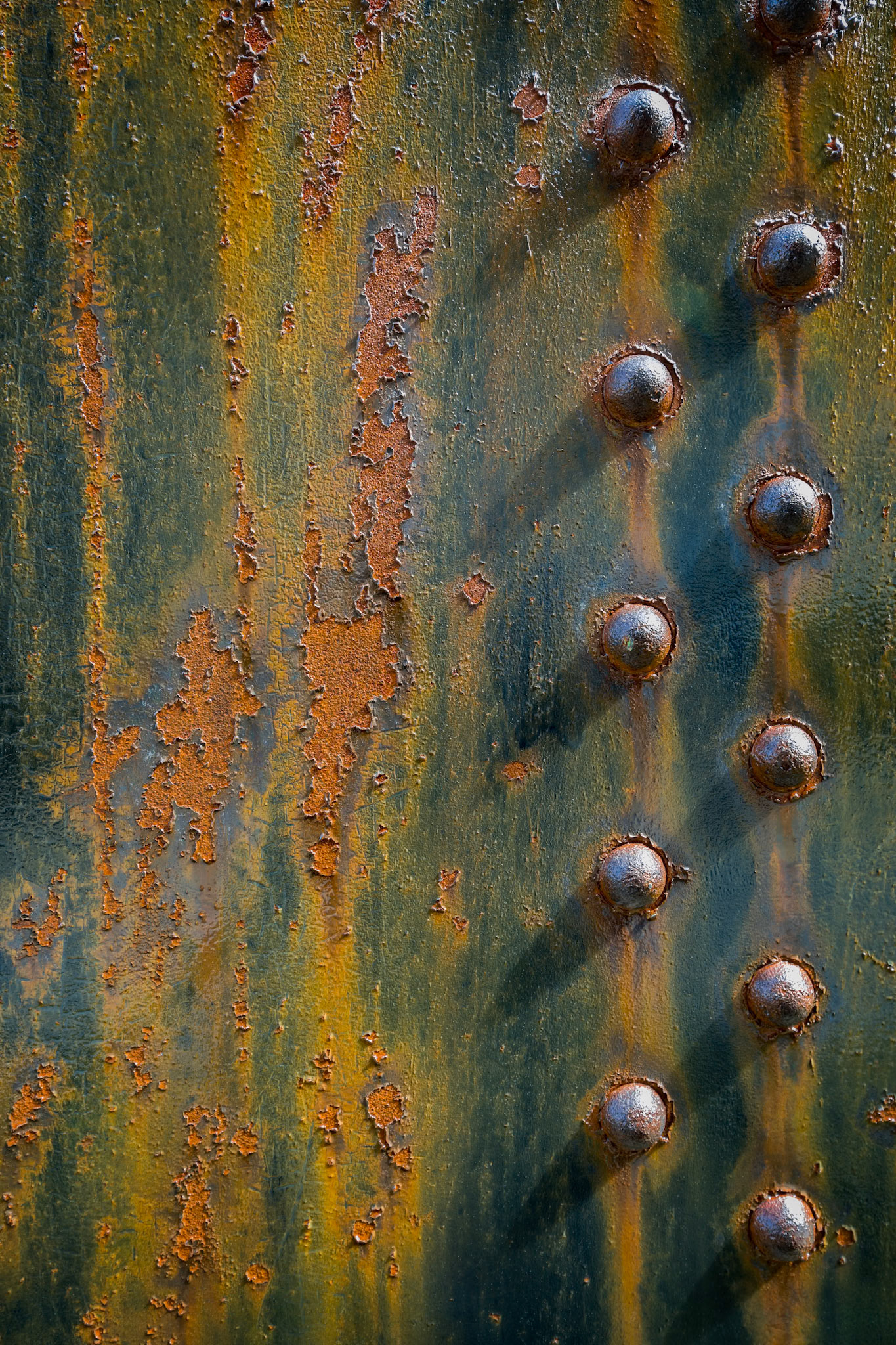 RIVETED PATINA  |  Rows of rivets march with mechanical precision across steel that has spent decades surrendering to the elements. What was once an industrial surface has become a canvas where rust, moisture, and time have layered rich tones of copper, gold, teal, and charcoal into an unexpectedly elegant composition.The image speaks to the quiet resilience of aging materials. Though corrosion slowly claims the paint and metal, the structure remains intact, transforming deterioration into beauty. It is a reminder that time doesn't simply erase. Sometimes it creates.