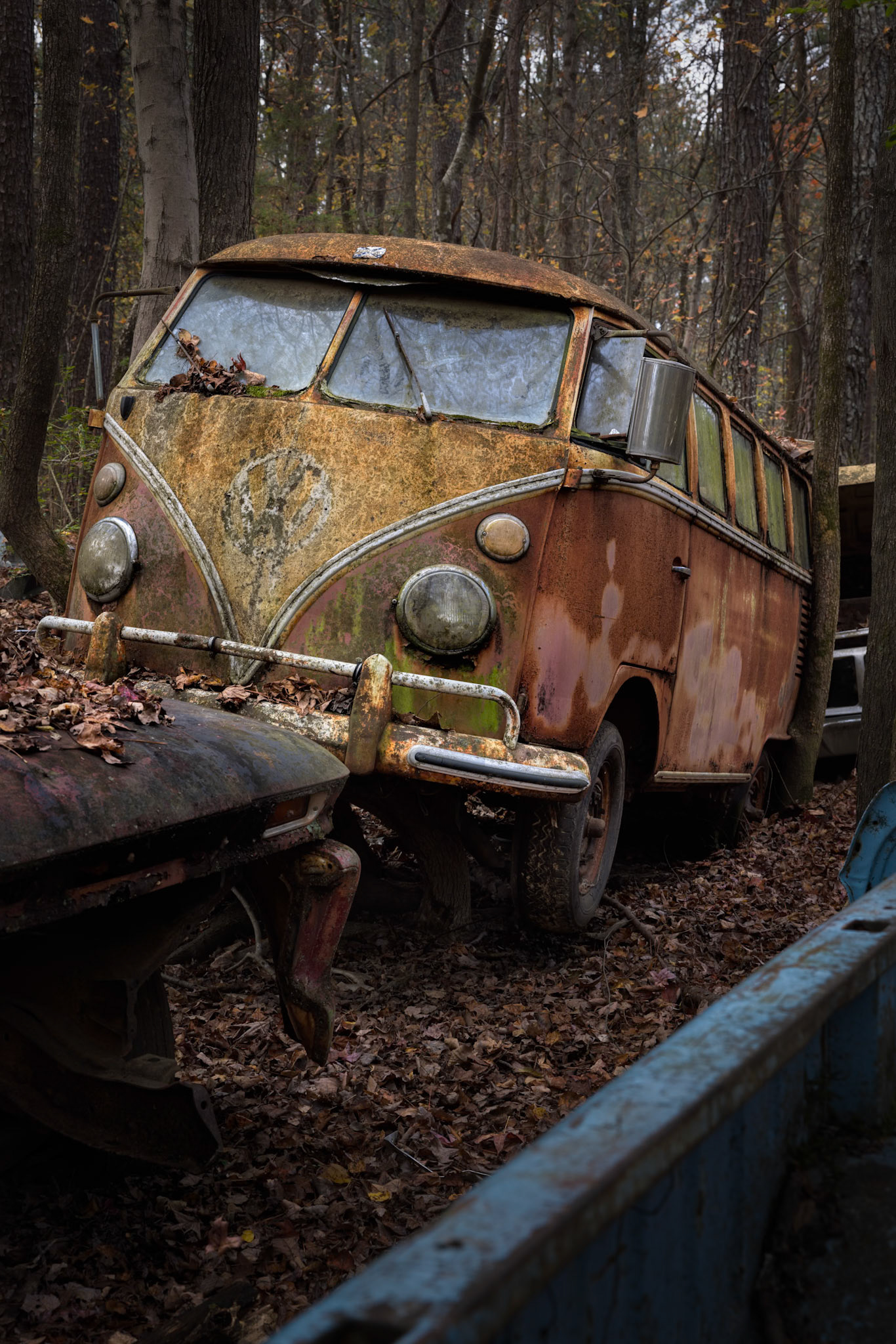 STUCK IN TRAFFIC  |  Hidden beneath a blanket of leaves and decades of neglect, this weathered Volkswagen bus feels less abandoned than patiently waiting. The rust, moss, and fading emblem tell the story of a life well traveled, while the surrounding forest slowly folds it back into the landscape from which it came.What draws me to images like this is the sense of mystery. Who sat behind that wheel? Where did it roam? The bus no longer carries passengers, yet it still transports the imagination, inviting us to fill in the miles between what once was and what remains.