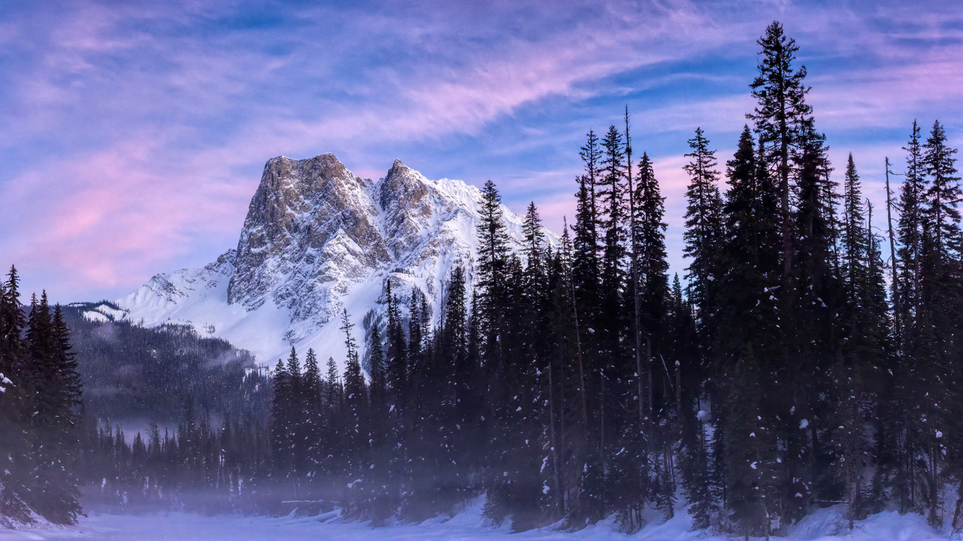 BETWEEN DREAMS | Mist drifts silently through an evergreen forest as first light brushes the snow covered peaks beyond. Suspended between night and day, the landscape feels less like a place than a fleeting memory.