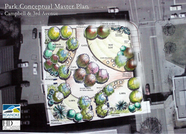 Roanoke VA Community Park - Campbell & Third Street Trenda Leavitt - Project Manager/Designer (while Principal at HDLA) Civil Engineering: Earth Environmental Civil, Rocky Mount VA