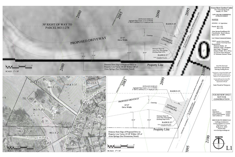 Green Barn Garden Center Entrance - February 2013 Entrance Site Plan for an Agri-tourism Business in Pulaski County, VA developed for review & approval by VDOT. Plan approved February 2013. Beechgrove Design provided review of VDOT & County regulations, AutoCAD drawings, aerial overlays, and coordination with client, VDOT, & County. Research, production of drawings, agency coordination & VDOT approval completed in 4 weeks.