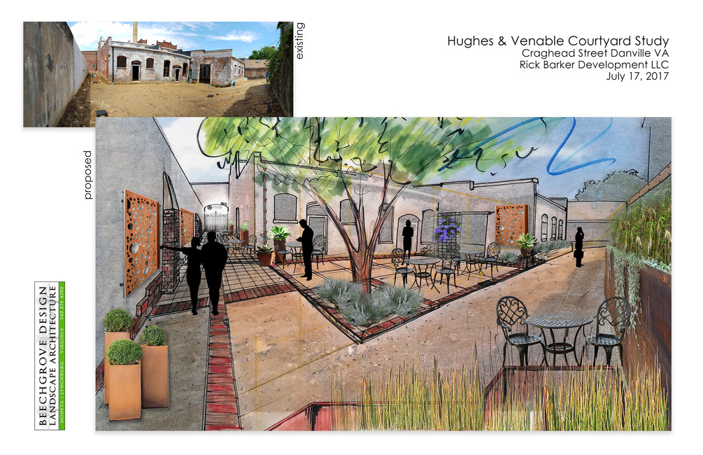 Courtyard Master Plan - 500 Block of Craghead Street Development Client - Rick Barker Development LLC 2017 Master Planning 2017/18 Construction Landscape Architectural Planning to Coordinate with Redevelopment of Historic Block of Craghead Street and to facilitate spaces for new restaurants, fresh food market, offices and residences. Features include Corten Art, Water Feature, Lighting, and Planters; Native and Culinary Plants, Outdoor Living Room & Kitchen, Green Spaces, and re-use of historic bricks. Architecture: Architectural Partners | Lynchburg VA, Engineering: Reynolds Clark Development | Gretna VA, Contractor: Callahan Construction | Raleigh NC, Landscape Architecture: Beechgrove Design | Moneta VA.