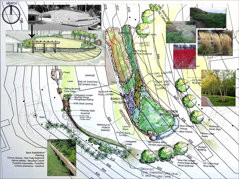 Spring 2015 Smith Mountain Lake Residence Master Planning included retaining walls and grading to lower grades on a site with existing eroded and unfunctional slopes currently in turf. Retaining walls will frame a planting palette comprised of slow growing fescue, ornamental grasses, low evergreen groundcovers, masses of santolina and lavender and bank stabilizing shrubs to create a soft naturalistic scheme. Retaining walls will end in weathered boulder groupings to anchor spaces. Riverstone will line new swales to control and convey stormwater throughout the site in a beautiful way. To counter the sloping site, several vertical elements are being added to create human-scale framed zones which create functional use areas: parkway-style wood guardrail along curve of cart-path to lake also provides seating and a pergola/swing structure facing commanding views of the lake. Riverbirch Trees, evergreen shrubs and a stone-lined swale will follow the graceful lines of the cart-path to tie together upper and lower use areas.