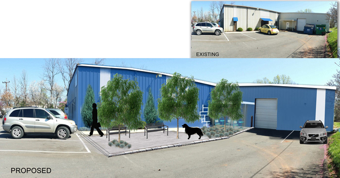 Facade Study - Industrial Building - May 2016 - Design employee/visitor entrance plaza incorporating plants which coordinate with company logo color. Increase visibility of building from road through new color scheme which reflects company logo. Decrease stormwater runoff with permeable paver plaza.
